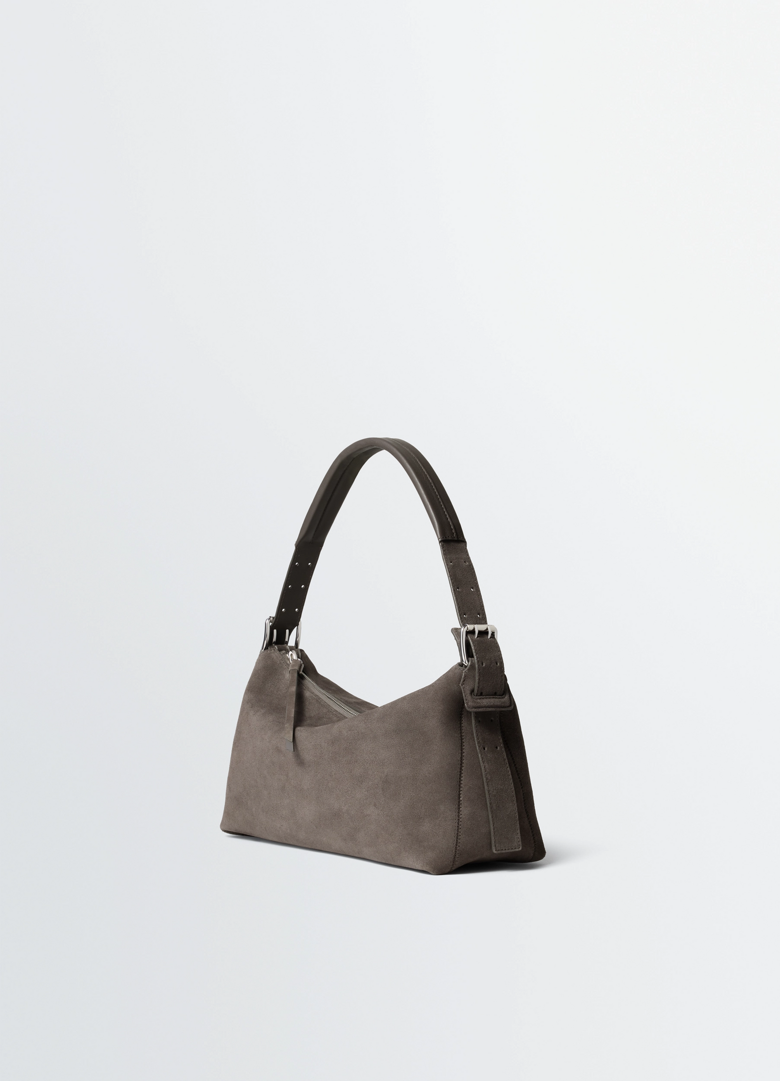 Belted baguette bag in dark taupe suede, product shot, three-quarter rear shot adjustable buckle straps