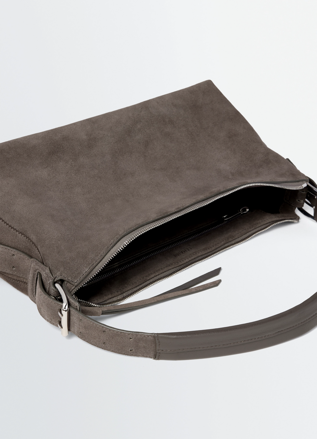 Belted Baguette Bag in Dark Taupe Suede, product shot, top-down interior view open zipper, spacious interior