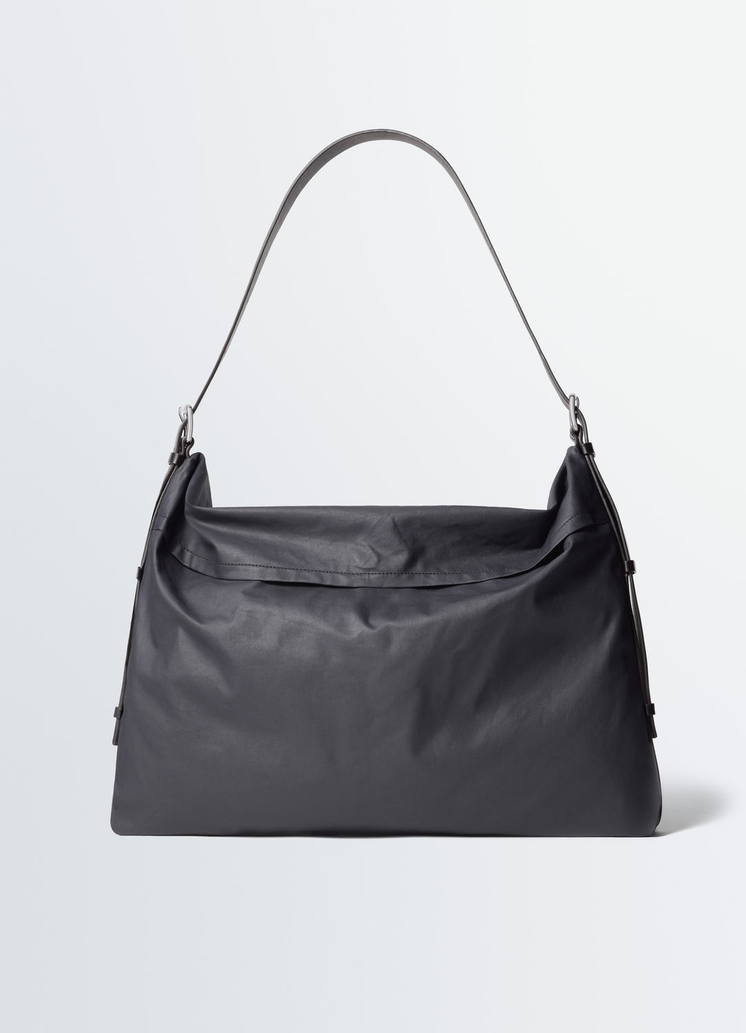 Medium Trench Pocket Bag in Water-Repellant Resinated Cotton, product shot, Front view Belt-like leather strap