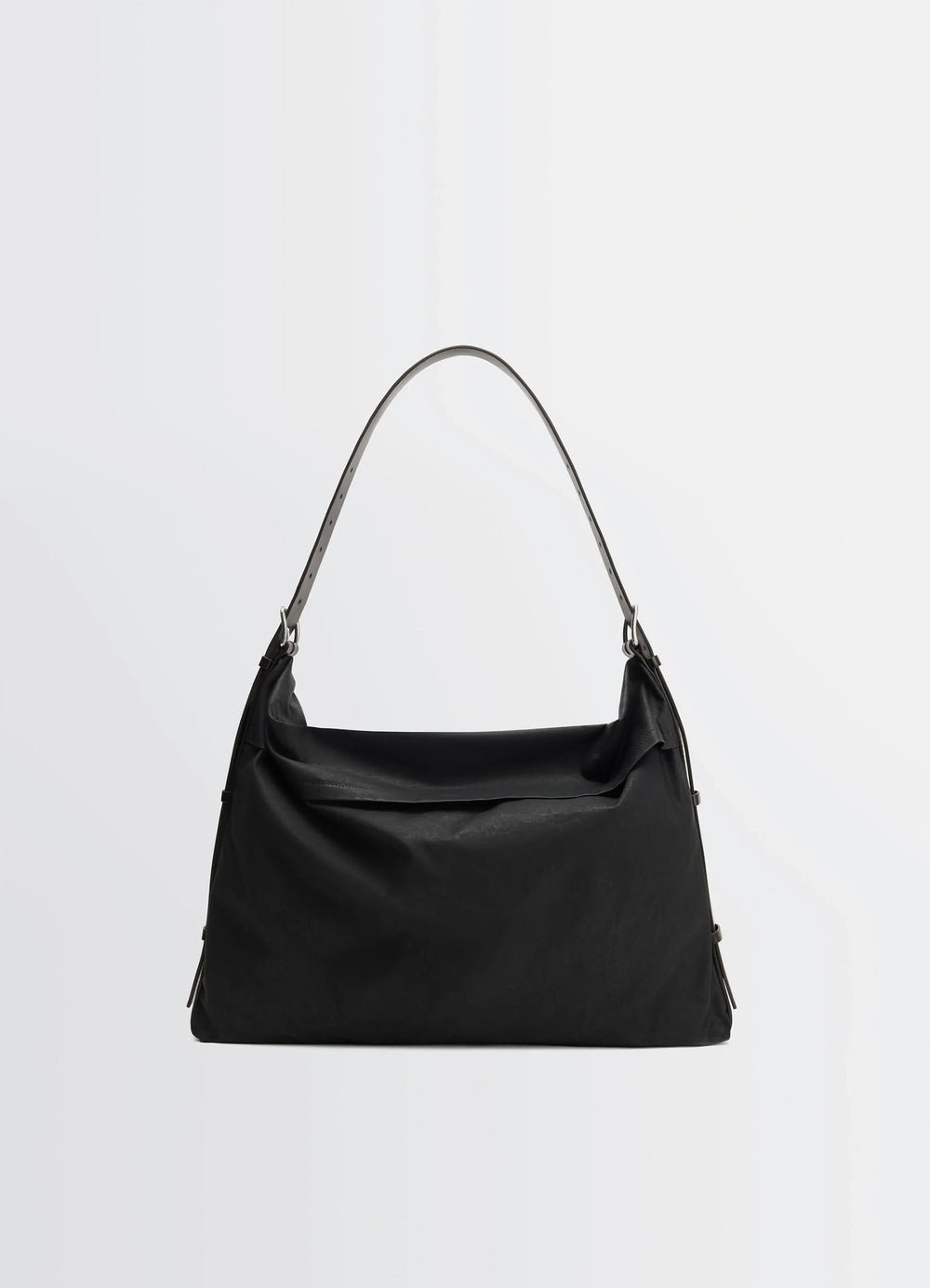 Trench Pocket Medium Bag in Black Resinated Cotton Canvas, product shot, front view folded top detail
