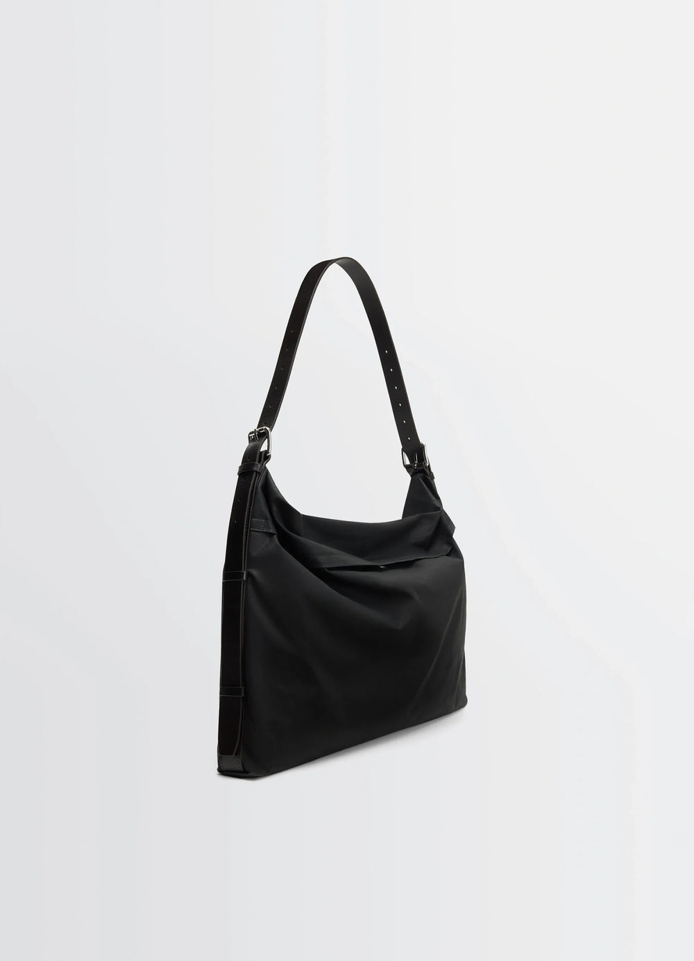 Trench Pocket Medium Bag in Black Resinated Cotton Canvas, product shot, back three-quarter view folded top with belt strap