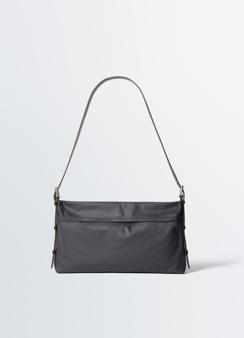 Small Trench Pocket Bag in Water-Repellant Resinated Cotton, product shot, Front view Belt-like leather strap