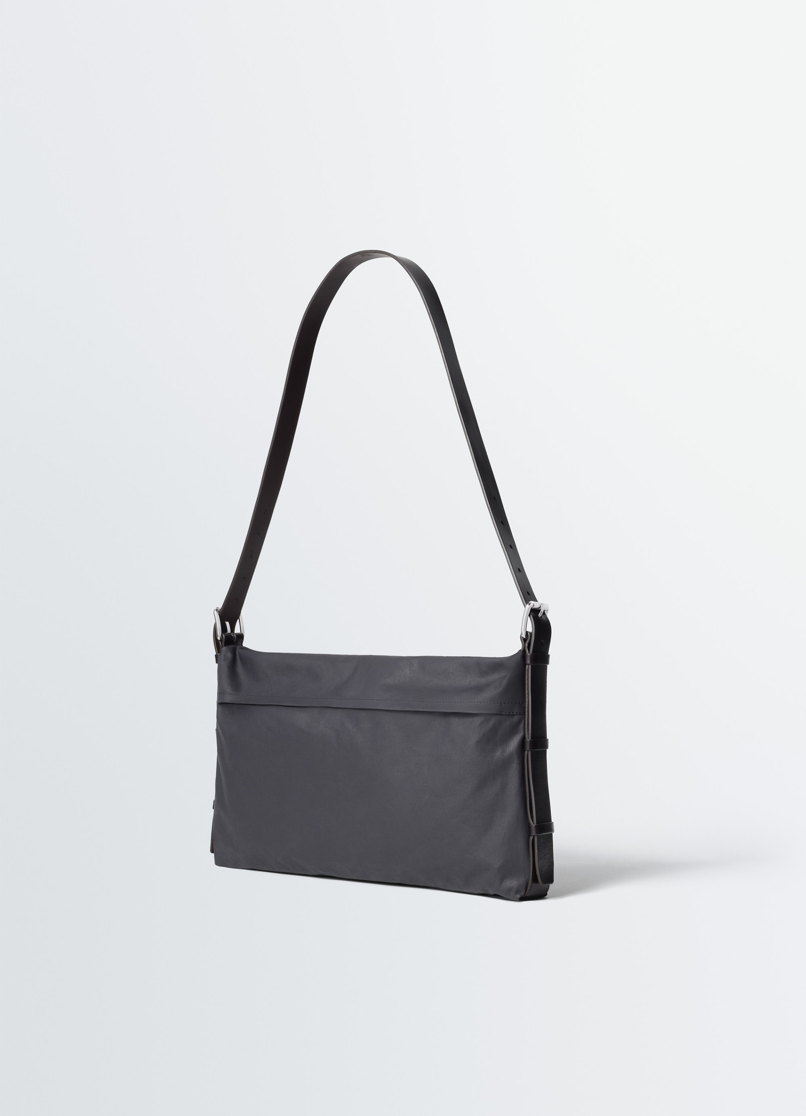Small trench pocket bag in water-repellant resinated cotton, product shot, back view belt detail on upper edge