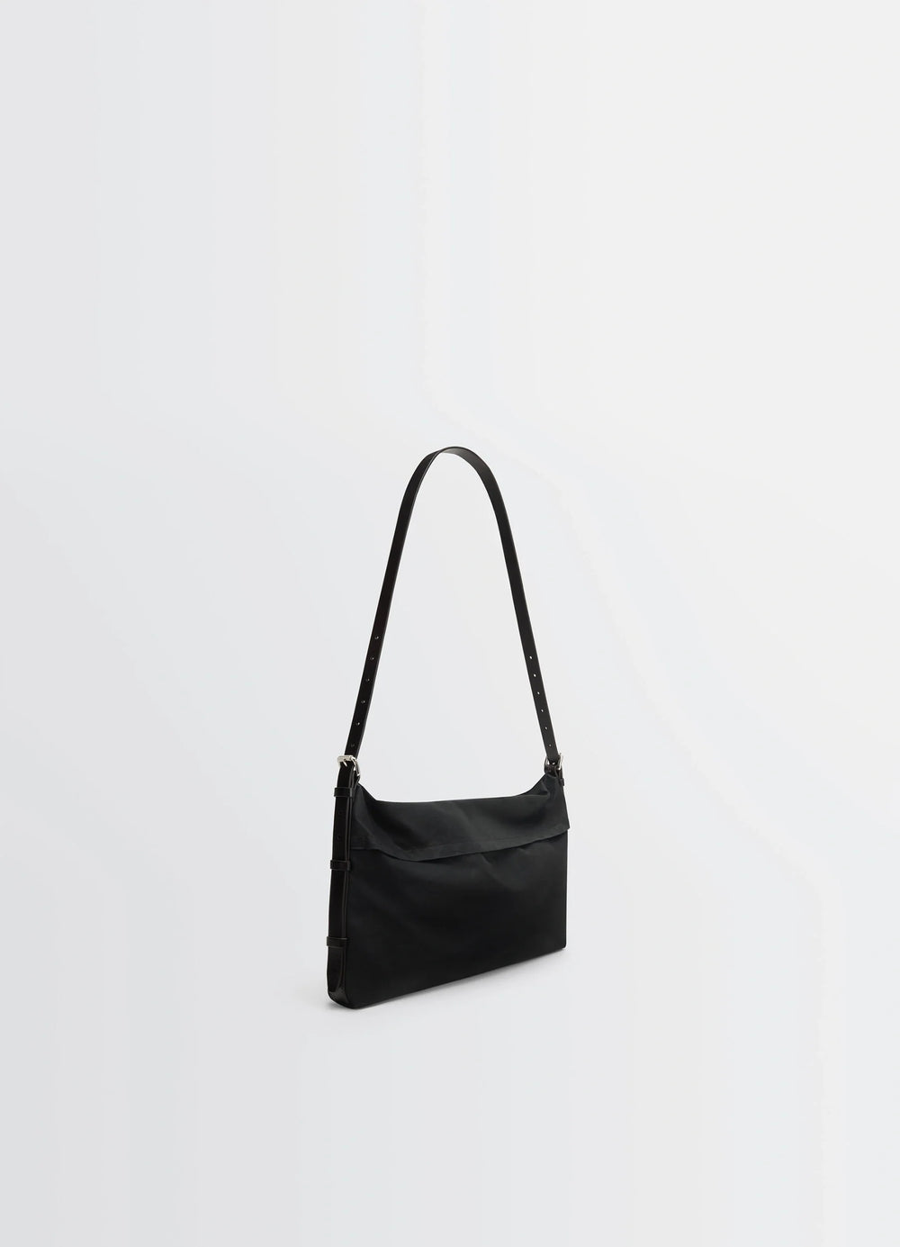 Trench Pocket Small Bag in GOTS-certified resinated cotton, product shot, three-quarter view adjustable long strap