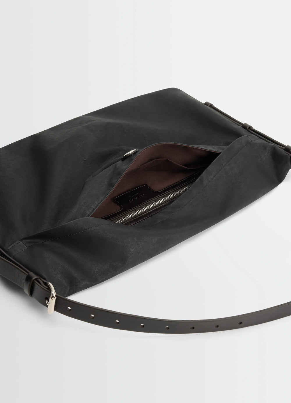 Trench Pocket Small Bag in GOTS-certified resinated cotton, product shot, top view detail shot exposed zipper interior
