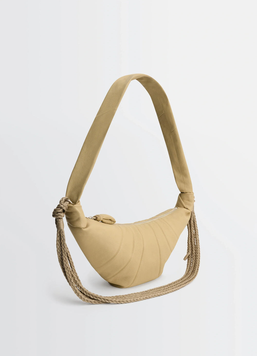 Lemaire Braid Medium Croissant Bag in Grained Buffalo Leather, product shot, three-quarter view knotted top detail