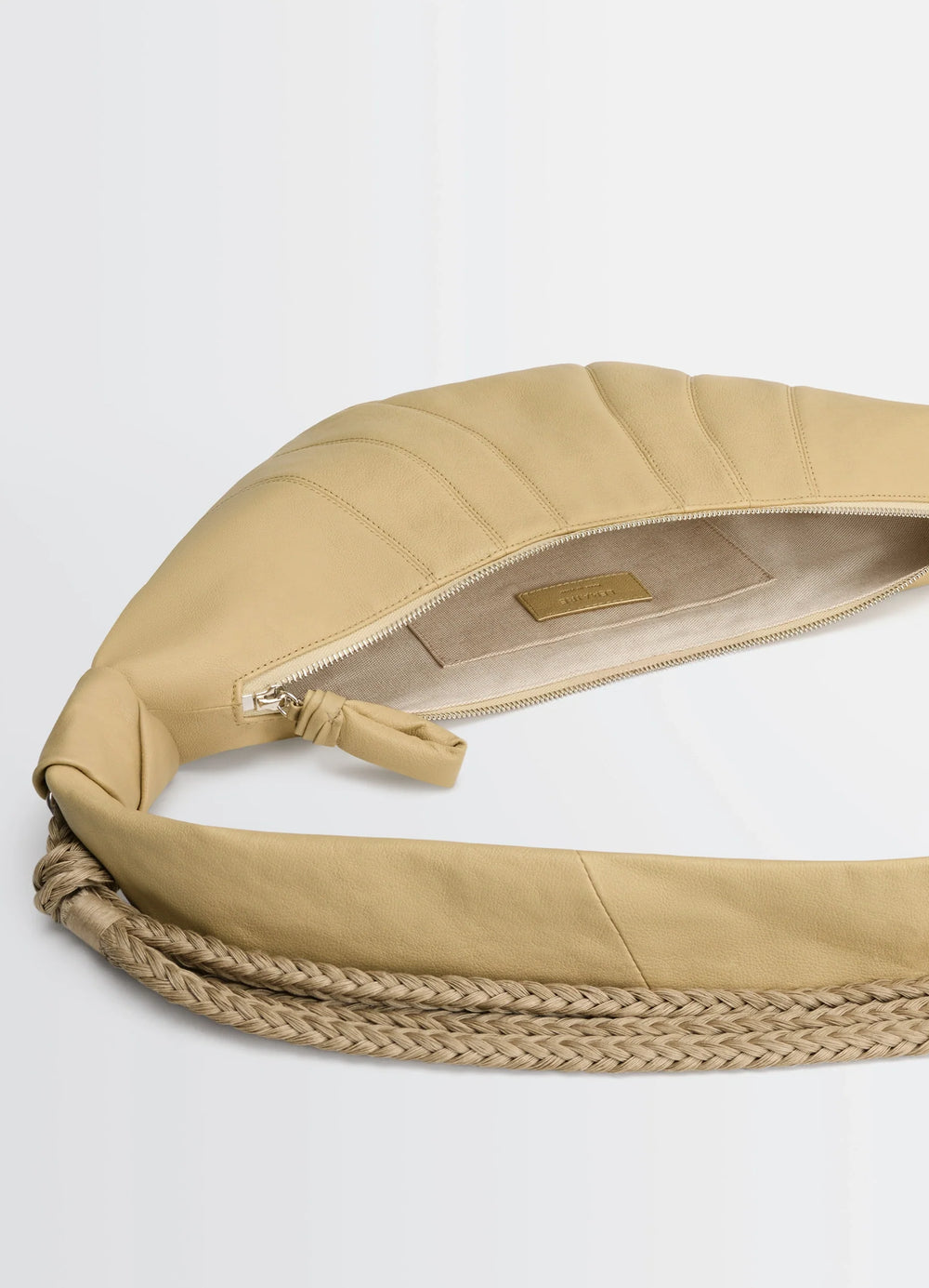 Lemaire Braid Medium Croissant Bag in Grained Buffalo Leather, product shot, top detail shot exposed zipper, inner label
