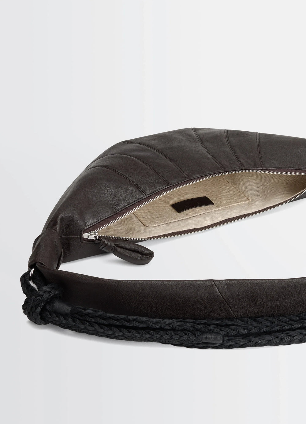 Lemaire Braid Medium Croissant Bag in Grained Buffalo Leather, product shot, interior view with zip o exposed braided strap d