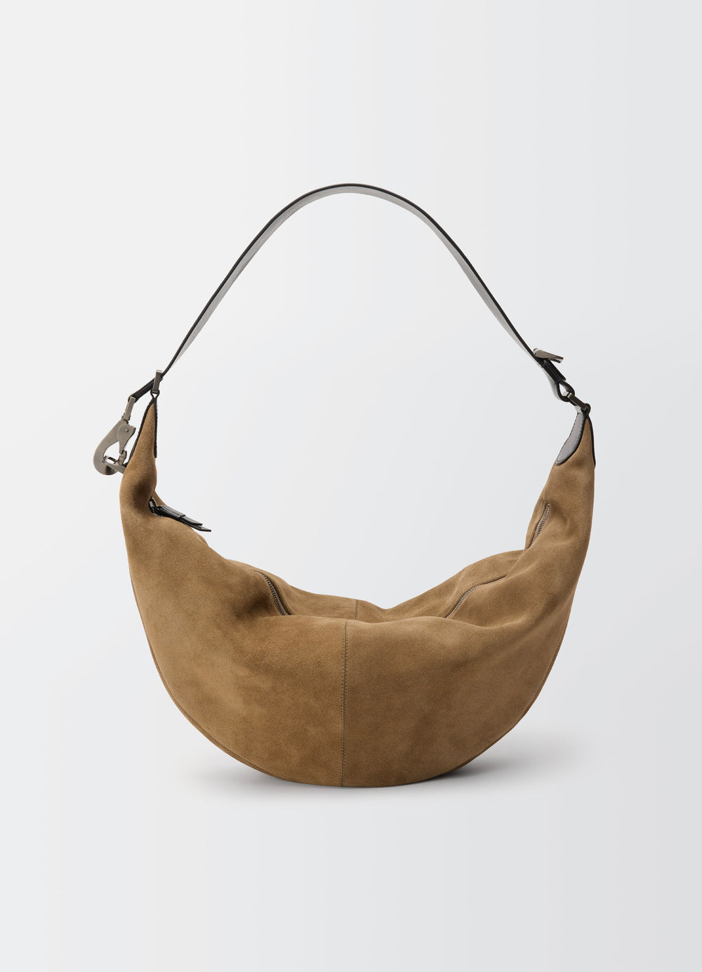 Lemaire Quiver Clip Bag in Warm LWG Gold suede, product shot, back view curved shape