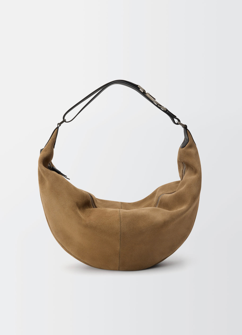 Lemaire Quiver Clip Bag in Warm LWG Gold suede, product shot, top view adjustable strap