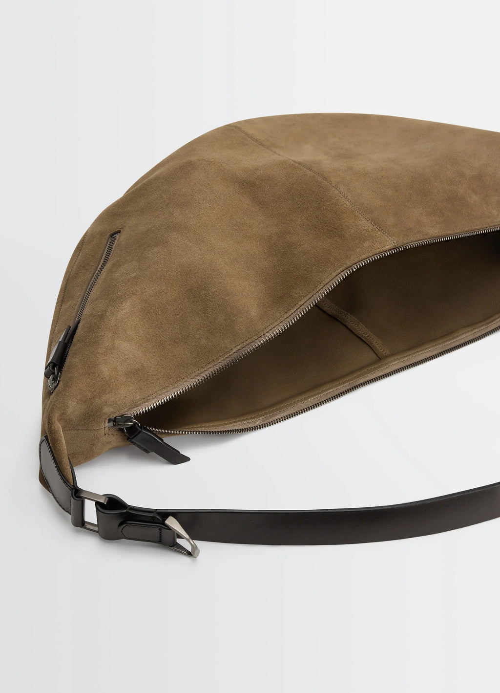 Lemaire Quiver Clip Bag in Warm LWG Gold suede, product shot, open top interior view interior compartments visible