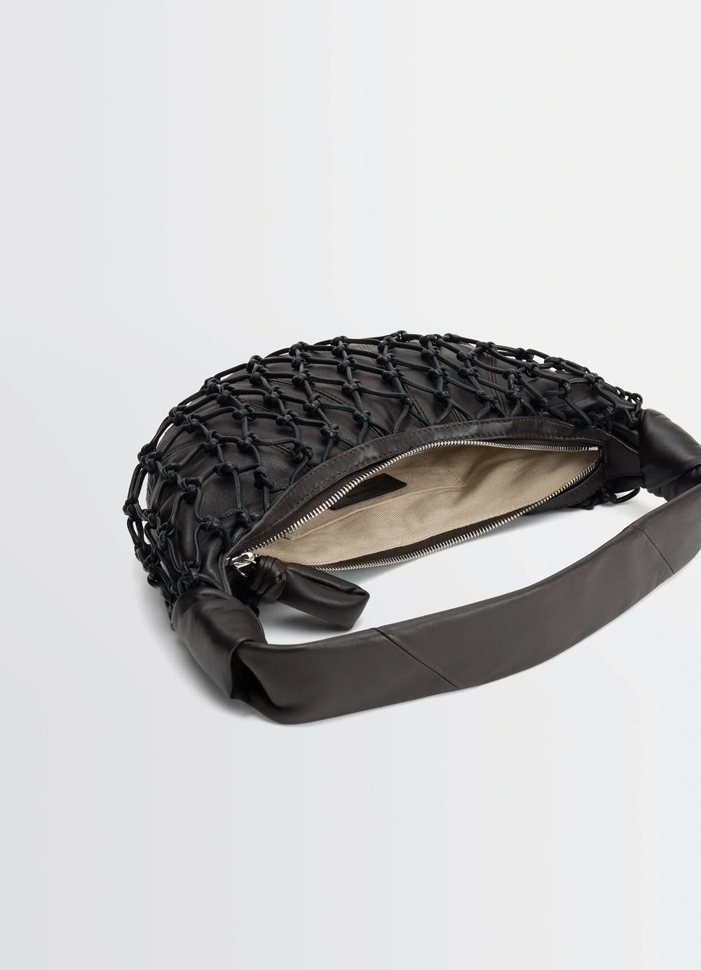 Mini Fortune Croissant Infinite Lov in Nappa lamb leather, product shot, top angled view open zip detail