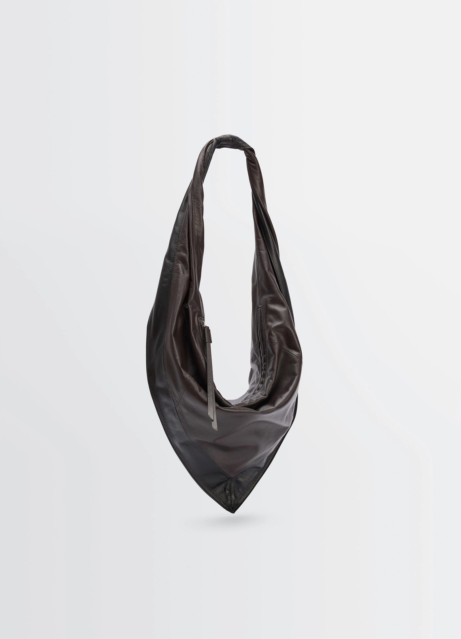 Lemaire small scarf extended handle in black nappa leather, product shot, angled top view gathered bag opening