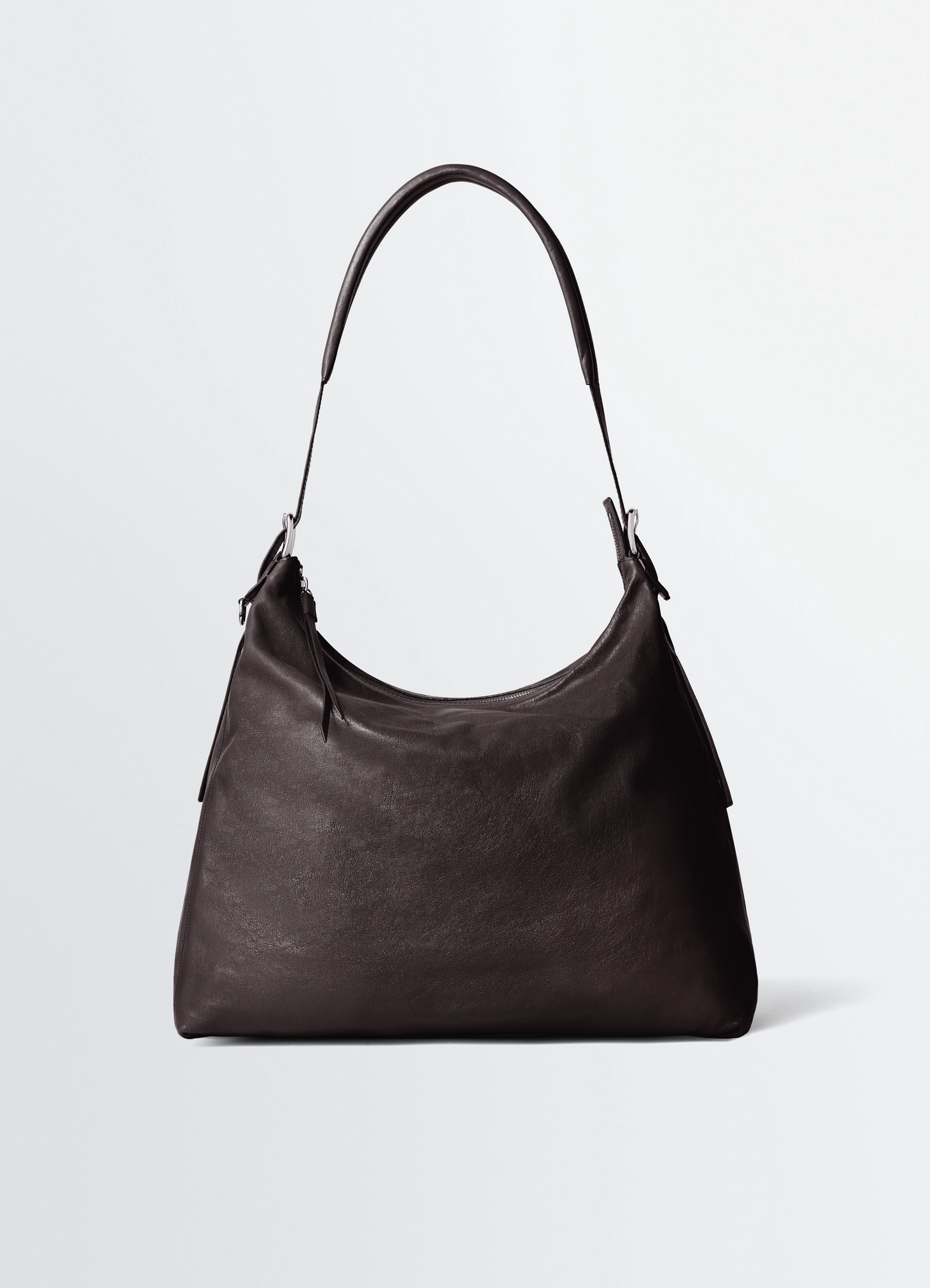 Belted hobo bag in glazed paper leather, product shot, front view minimalist design