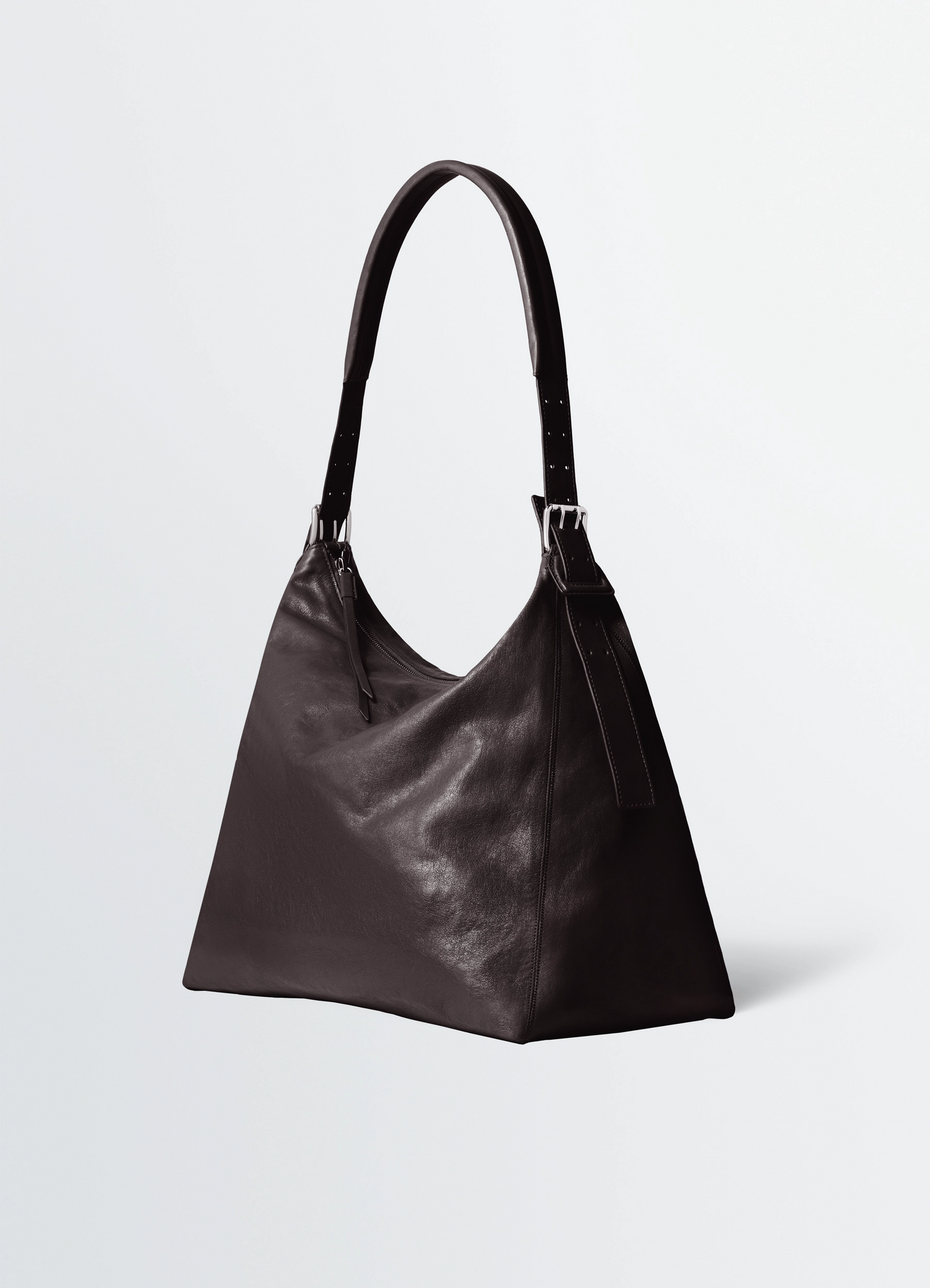 Belted hobo bag in glazed paper leather, product shot, side view belted strap detail