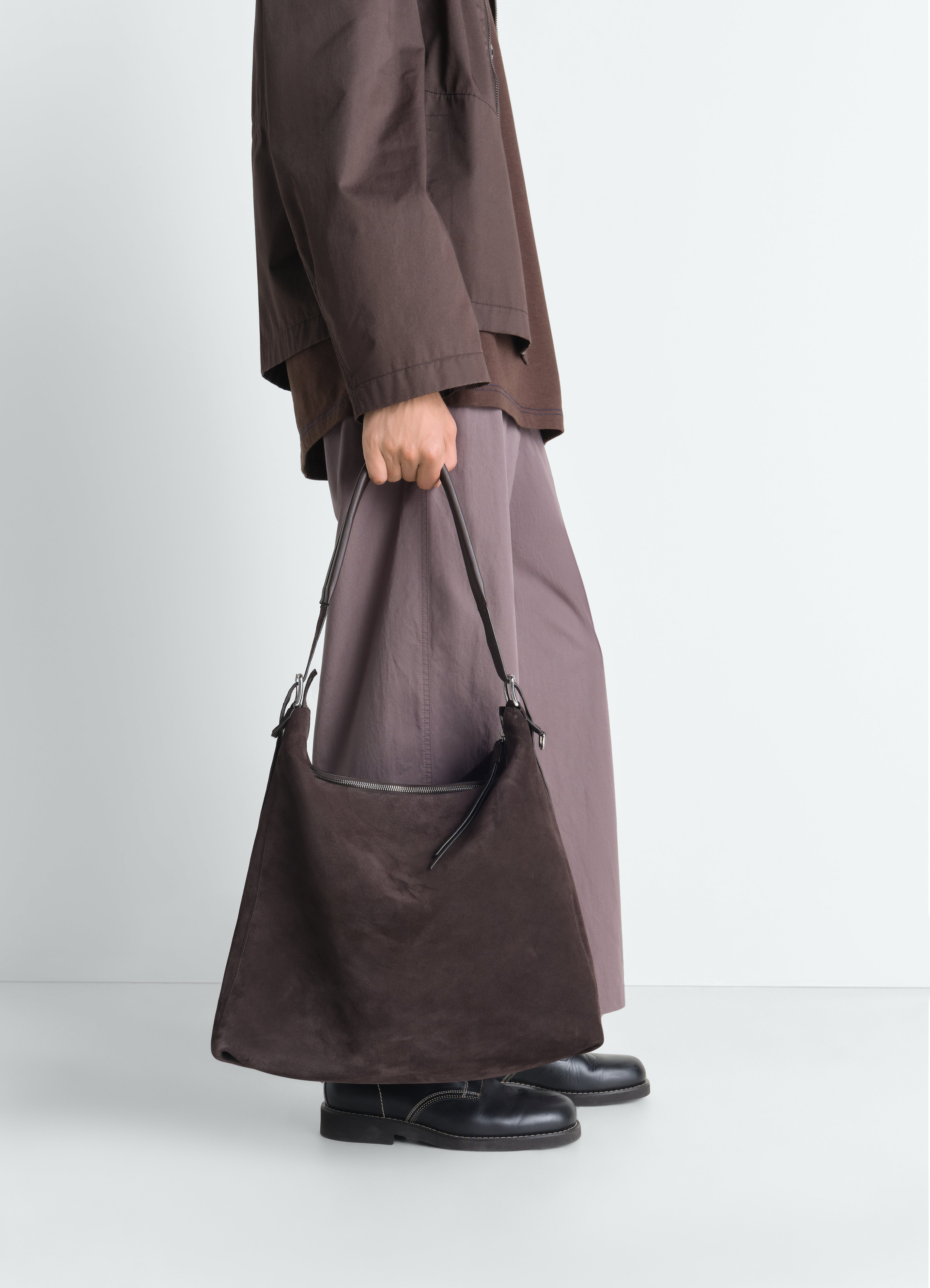 BELTED HOBO BAG IN SUEDE LEATHER - Ebony Brown - Suede Leather