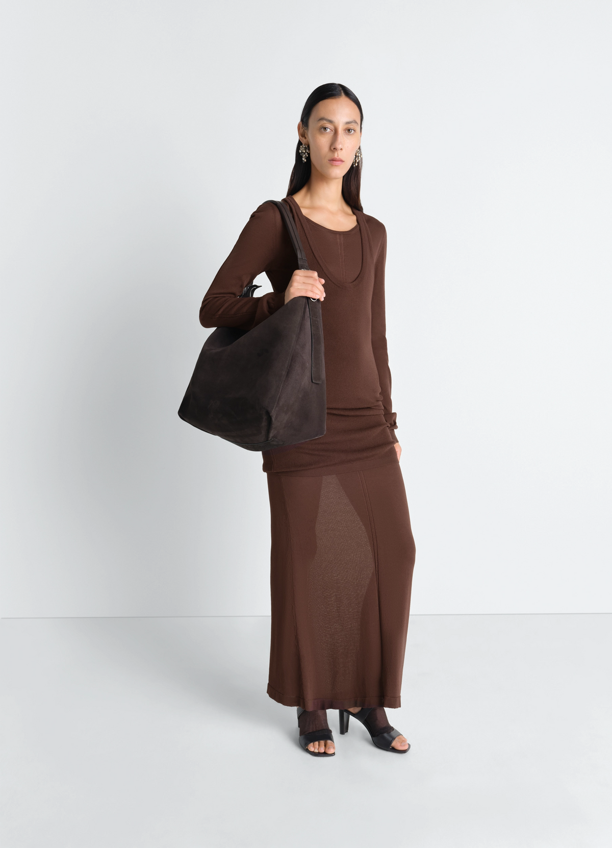 BELTED HOBO BAG IN SUEDE LEATHER - Ebony Brown - Suede Leather 