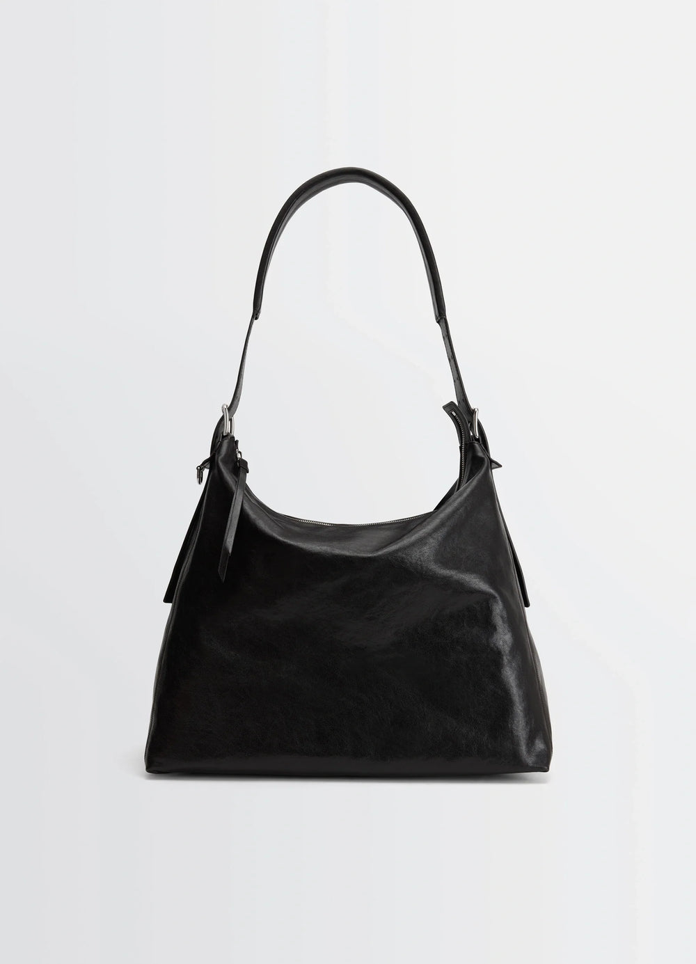 Belted Hobo Bag in Glazed Paper Leather, product shot, front view curved top handle