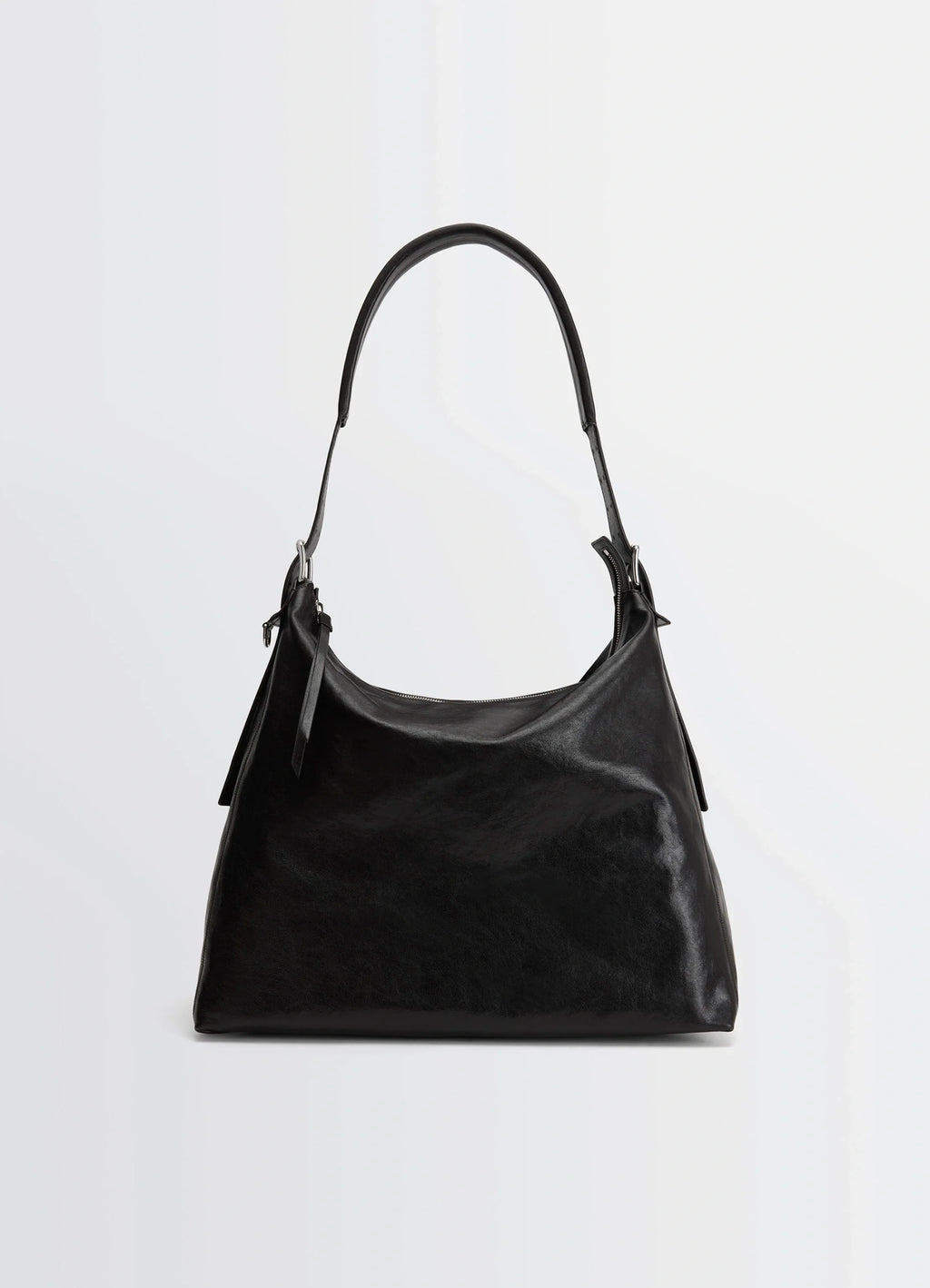 Belted Hobo Bag in Glazed Paper Leather, product shot, front view curved top handle