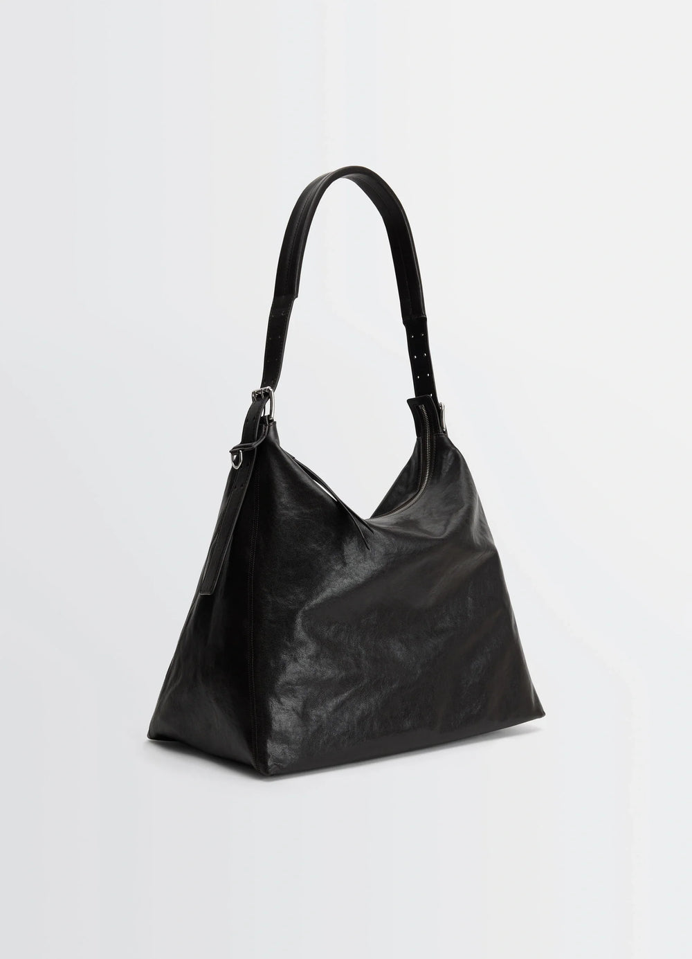 Belted Hobo Bag in Glazed Paper Leather, product shot, rear three-quarter view adjustable strap detail