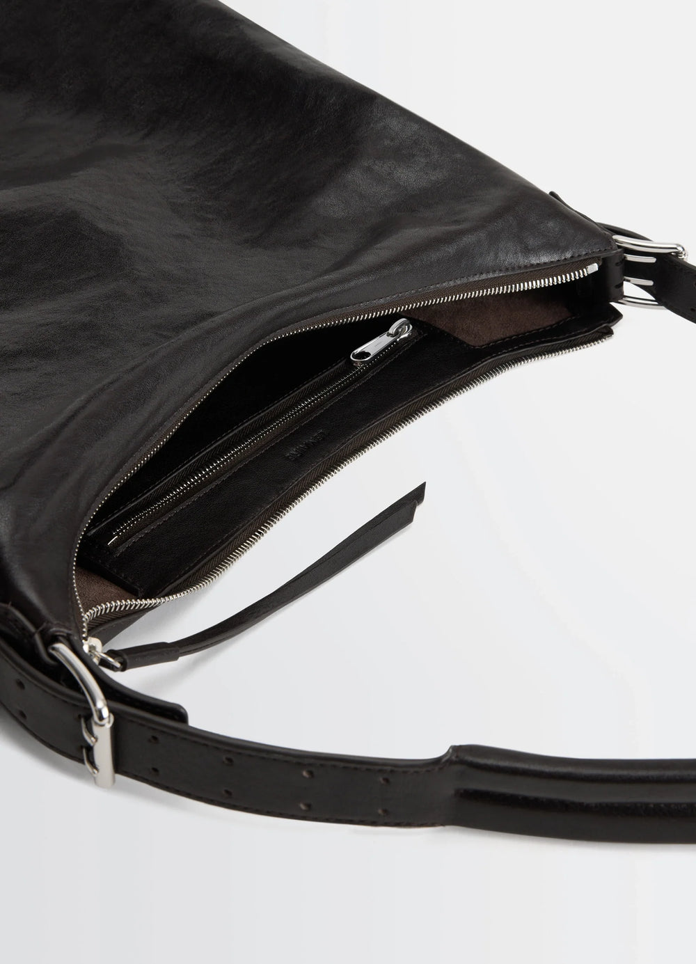 Belted Hobo Bag in Glazed Paper Leather, product shot, top detail shot zippered compartment view