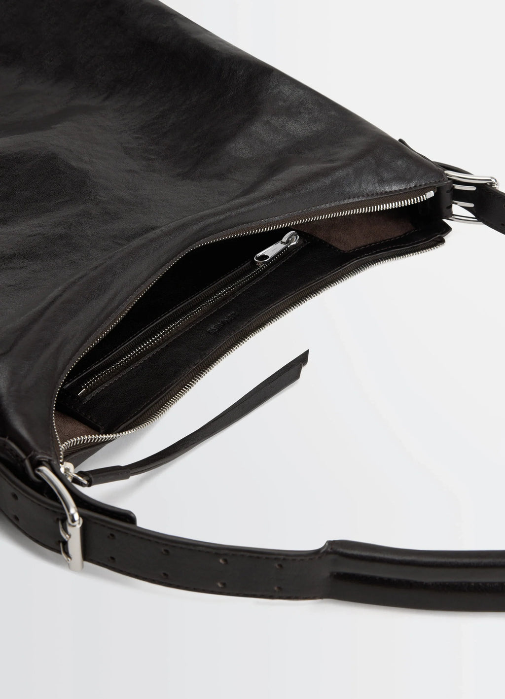 Belted Hobo Bag in Glazed Paper Leather, product shot, top detail shot zippered compartment view