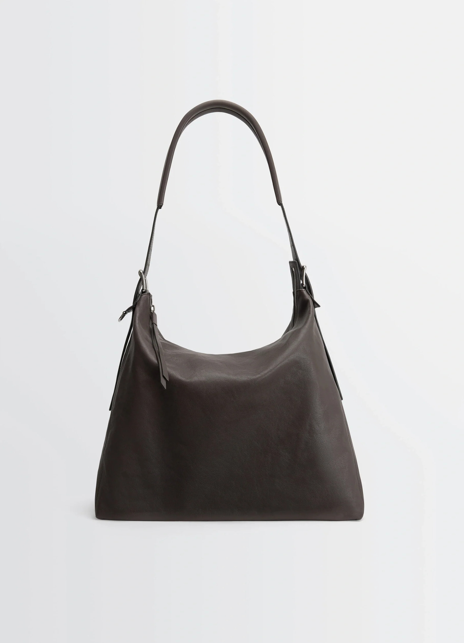 Belted hobo bag in glazed paper leather, product shot, back view soft draped shape
