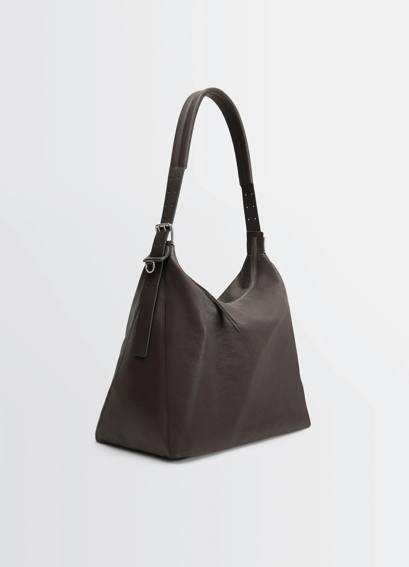 Belted hobo bag in glazed paper leather, product shot, angled top view adjustable strap