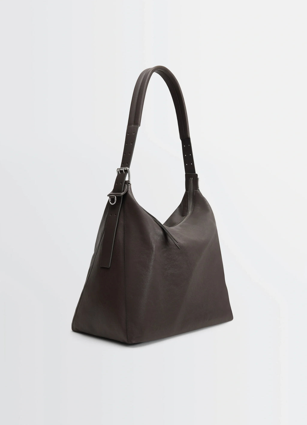Belted Hobo Bag in Glazed Paper Leather, product shot, angled top view adjustable strap