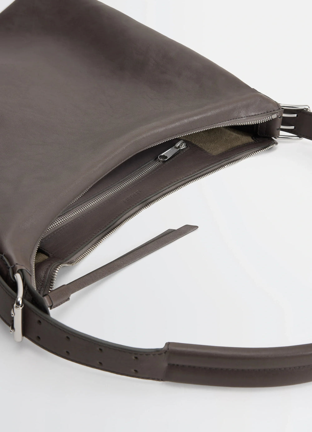 Belted Hobo Bag in Glazed Paper Leather, product shot, inside detail shot zipper closure, inner lining