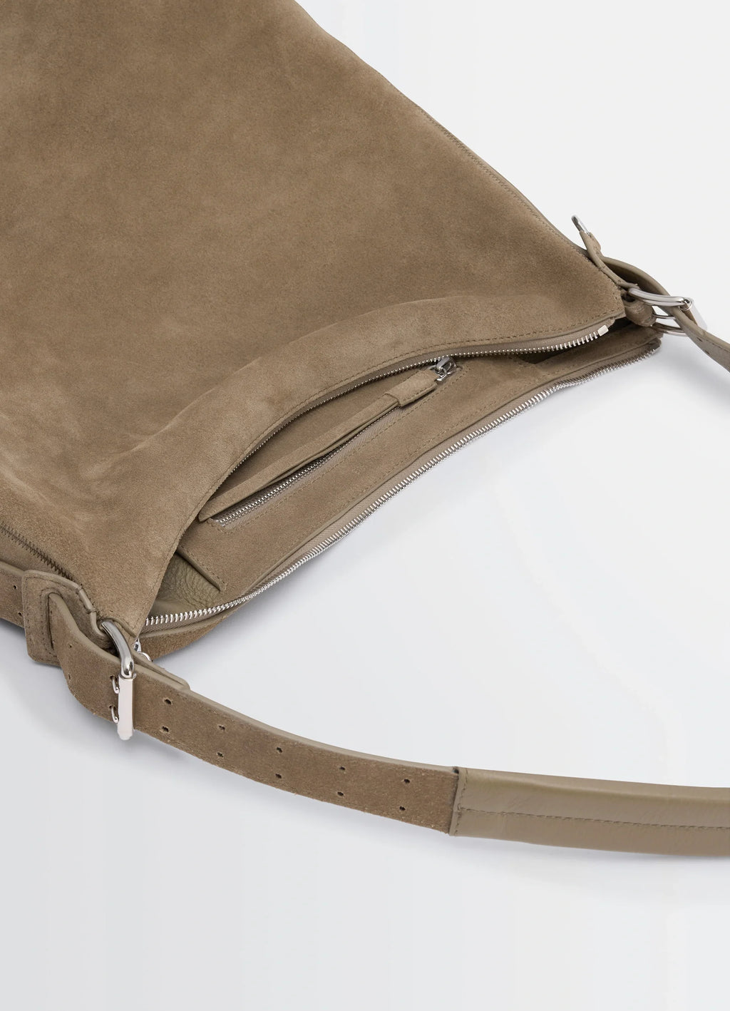 Belted Hobo Bag in Warm Textured Suede, product shot, top detail shot zipped pocket design