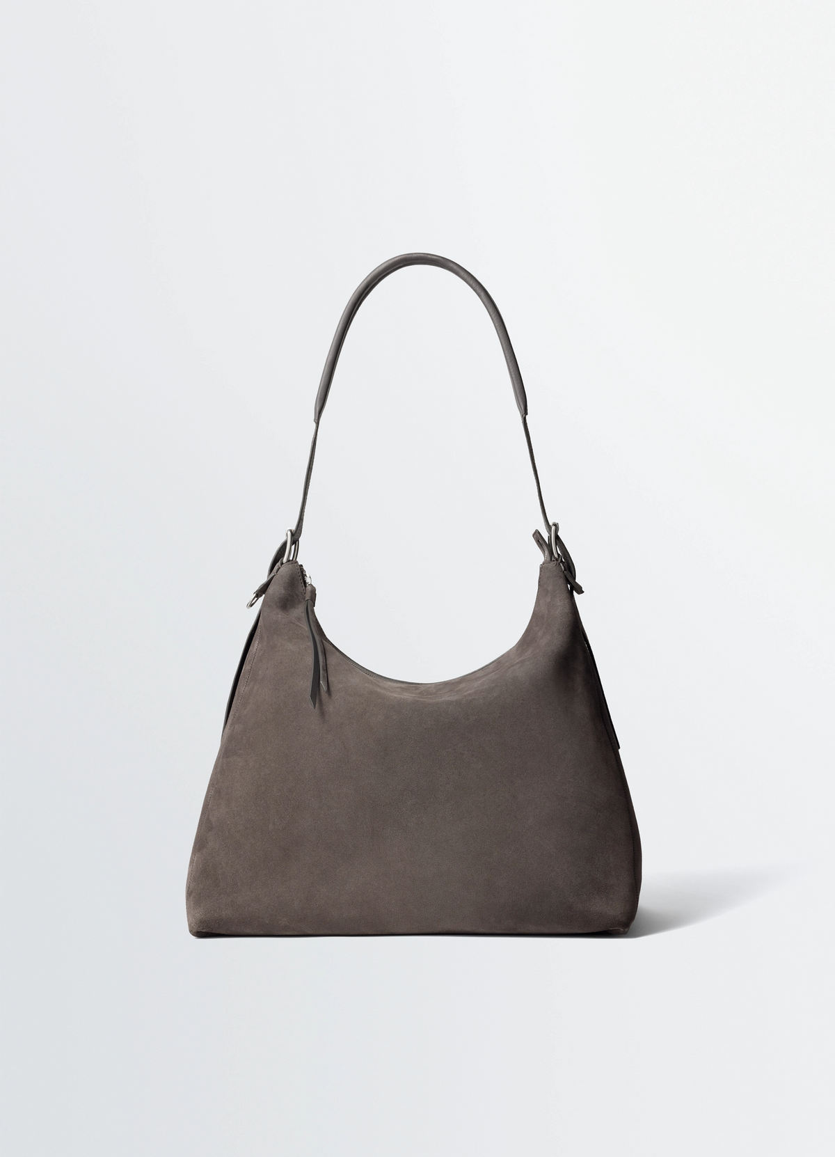 Belted Hobo Bag in Suede Leather, product shot, side view spacious silhouette