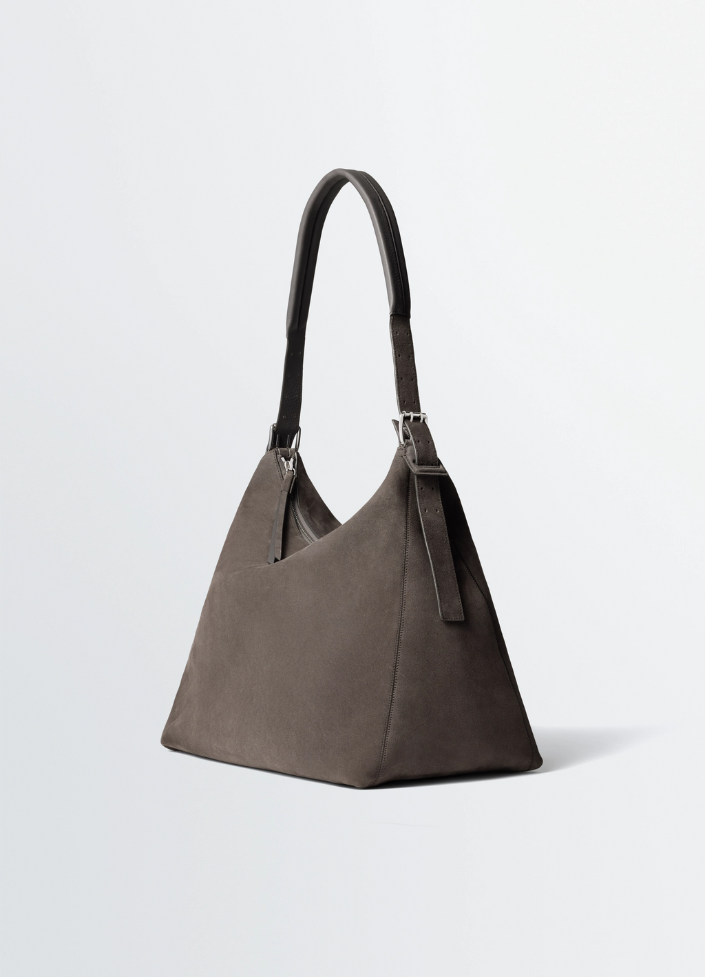 Belted Hobo Bag in Suede Leather, product shot, three-quarter view elegant shoulder strap