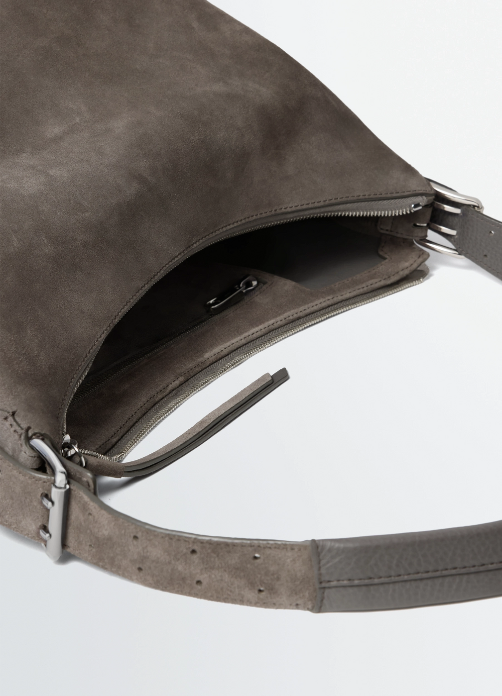 Belted Hobo Bag in Suede Leather, product shot, interior detail view adjustable buckle strap