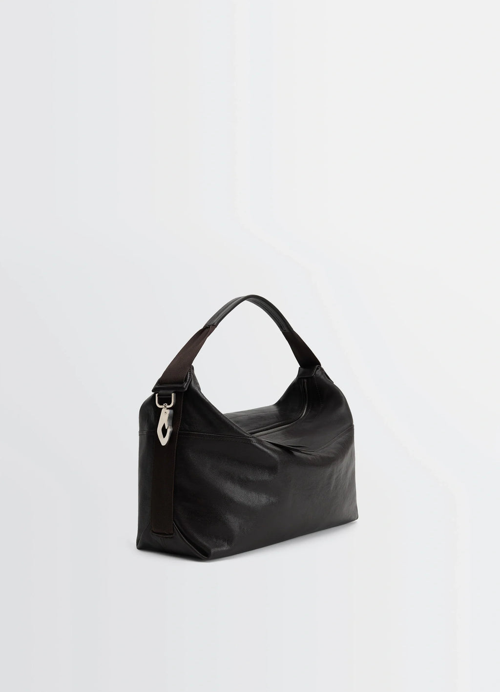 Berlingot Hobo Bag in Glazed Paper Leather, product shot, three-quarter back view contrast nylon strap