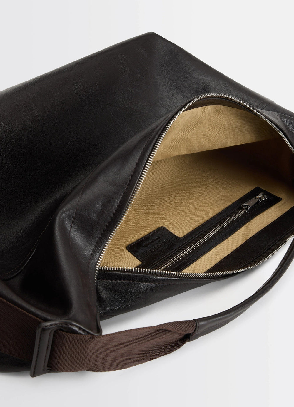 Berlingot Hobo Bag in Glazed Paper Leather, product shot, top inside view exposed zip interior