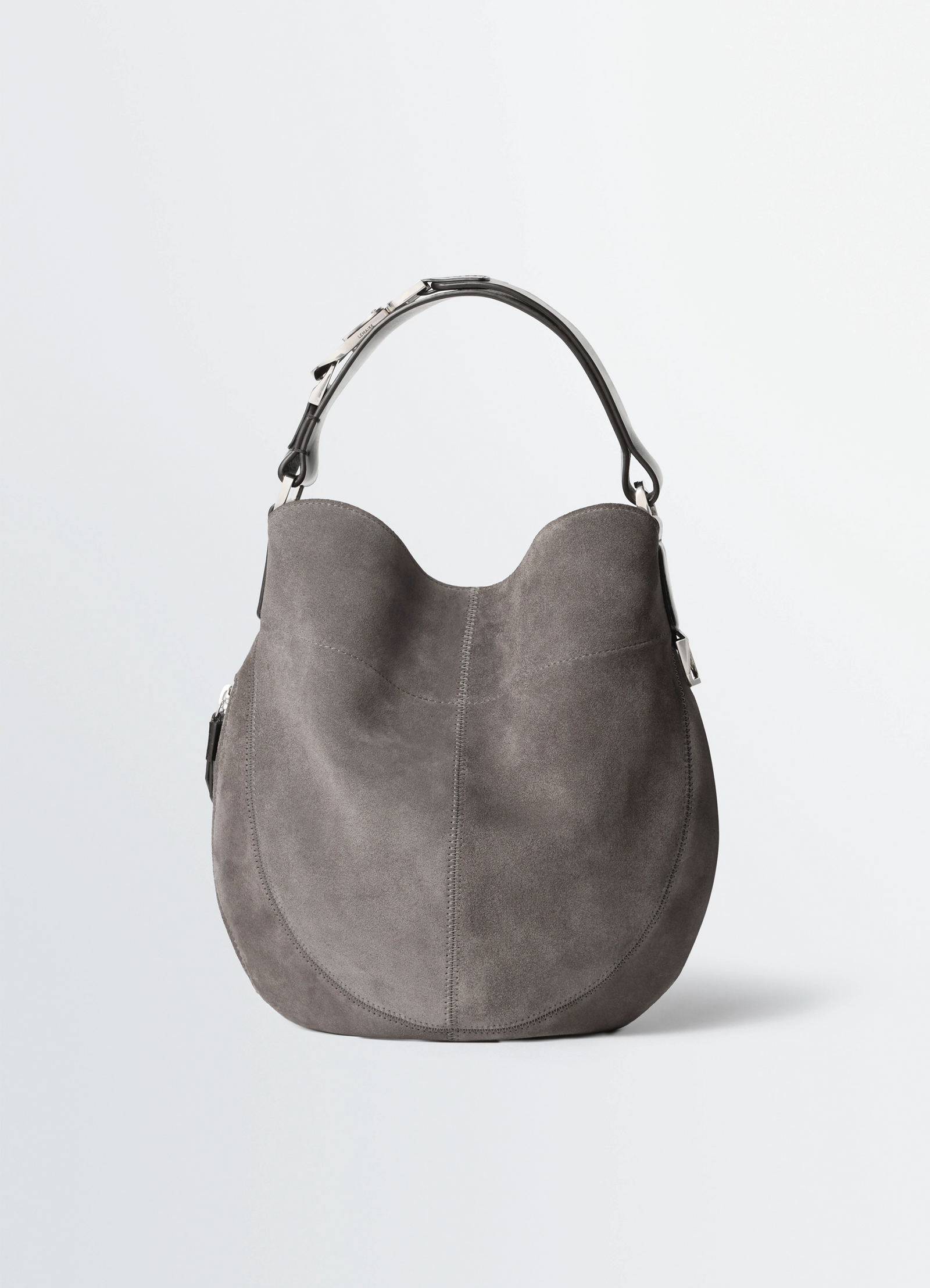 Hobo quiver clip bag in suede leather, product shot, front view adjustable strap