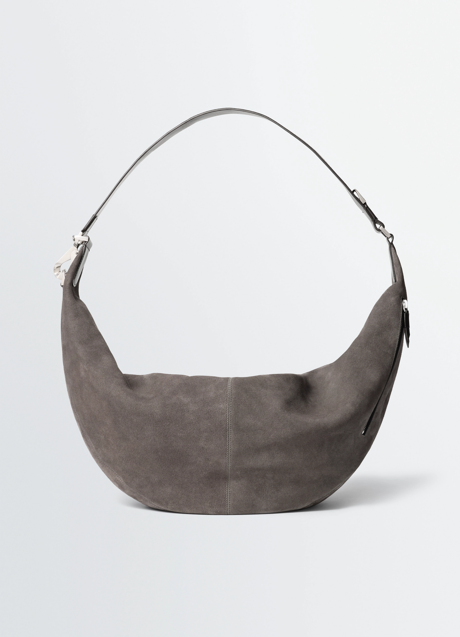 Lemaire large quiver clip bag in suede leather, product shot, front view hobo shape