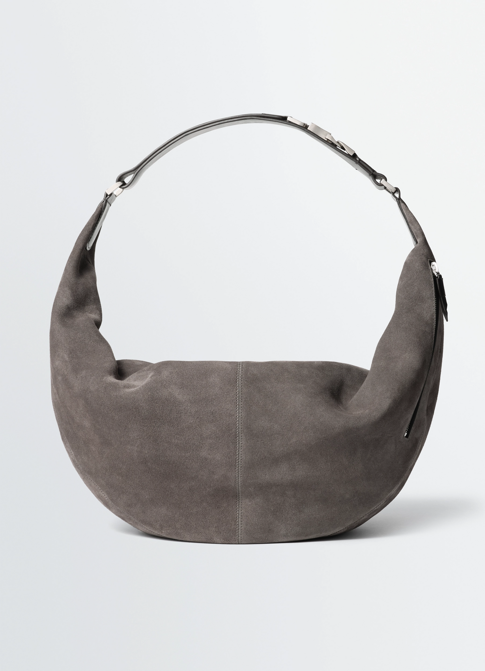 Lemaire large quiver clip bag in suede leather, product shot, back view adjustable strap