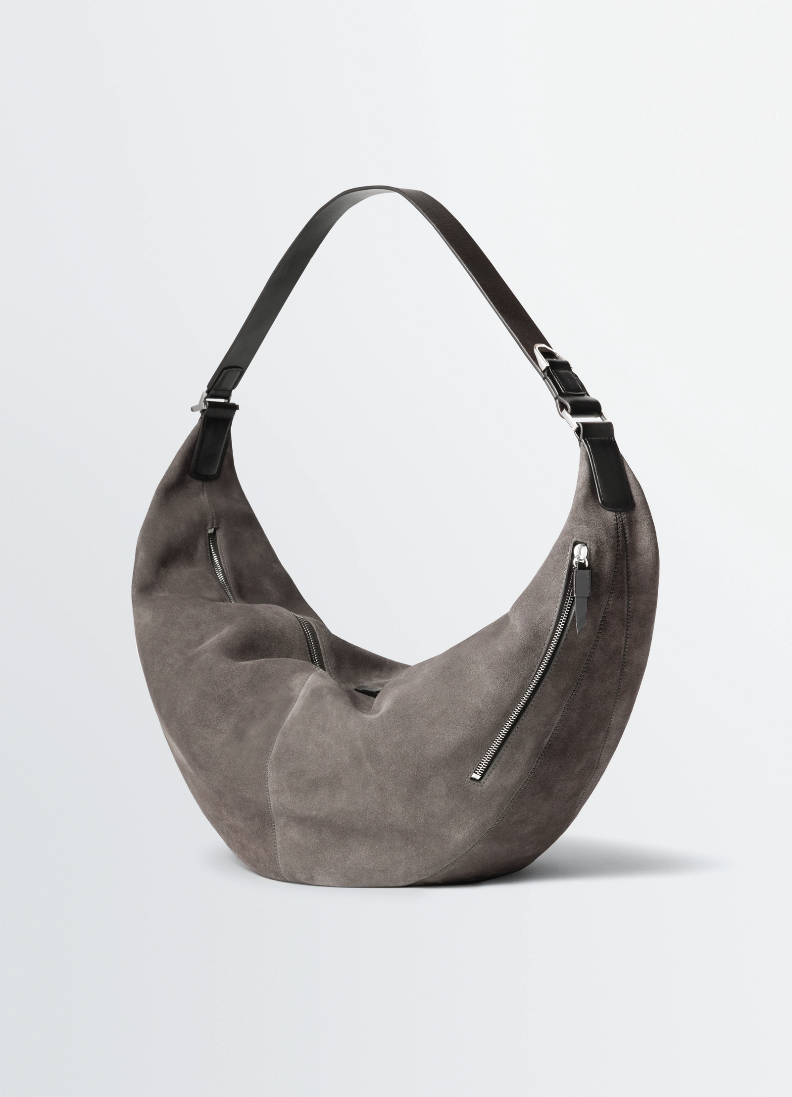 Lemaire large quiver clip bag in suede leather, product shot, three-quarter angle curved zip details