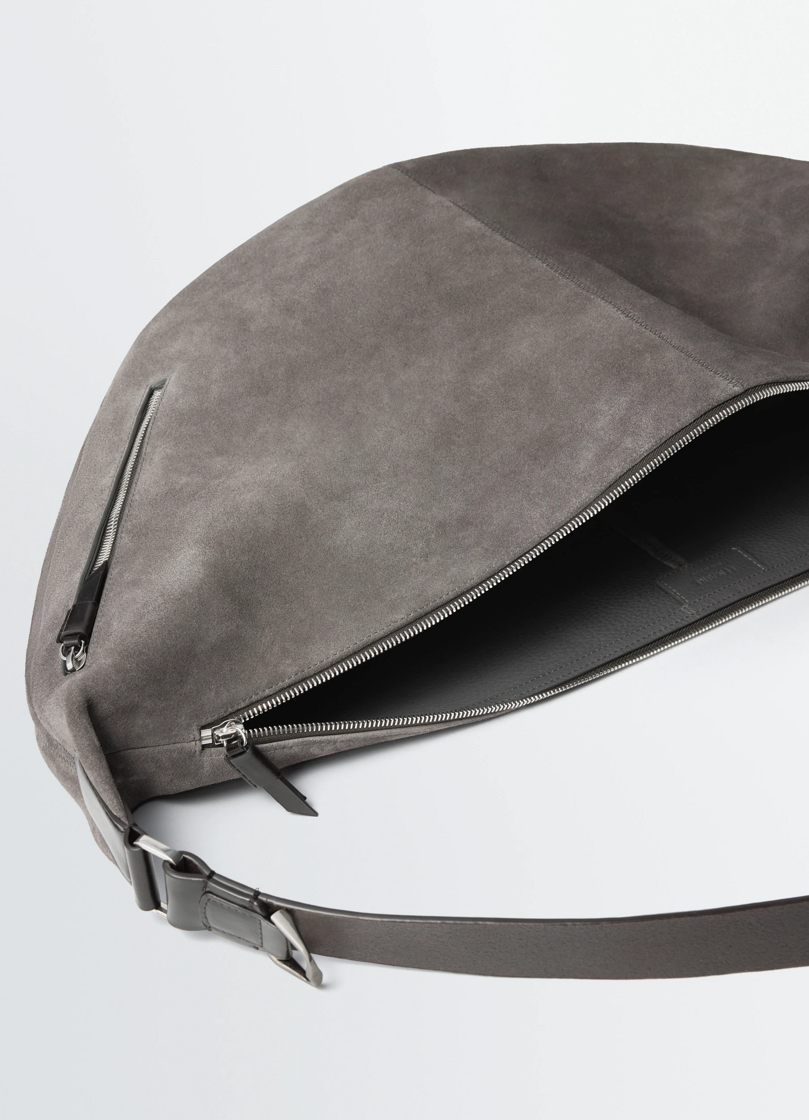 Lemaire large quiver clip bag in suede leather, product shot, top view zippered opening