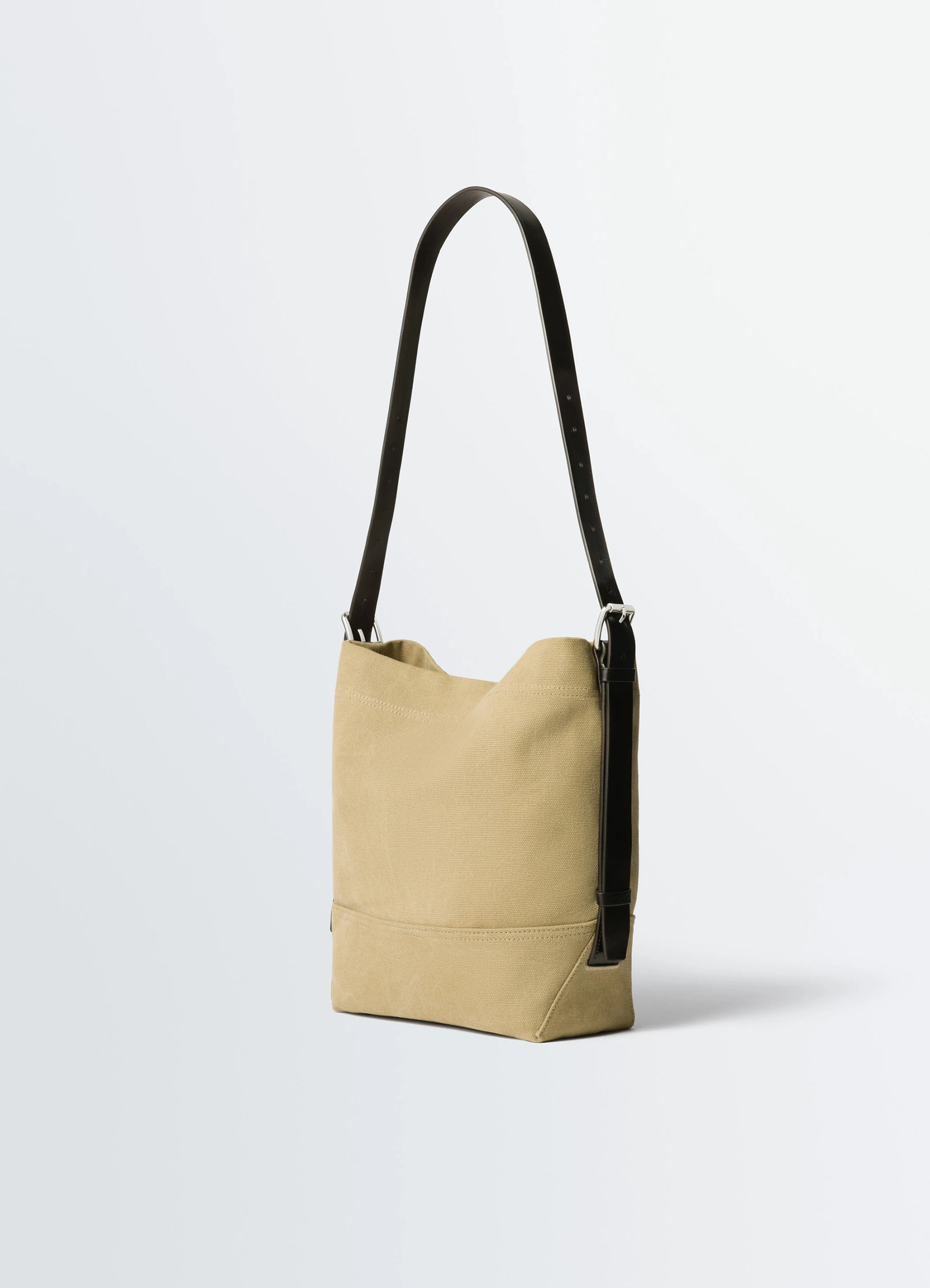 Small belted tote bag in tie-dye cotton canvas, product shot, rear angle view adjustable strap detail