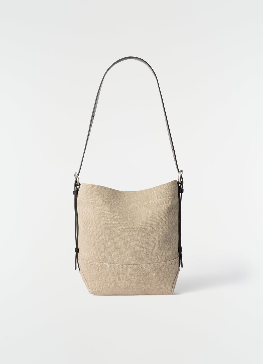Small beige heavy eco cotton canvas tote bag with black leather strap LEMAIRE on plain white background