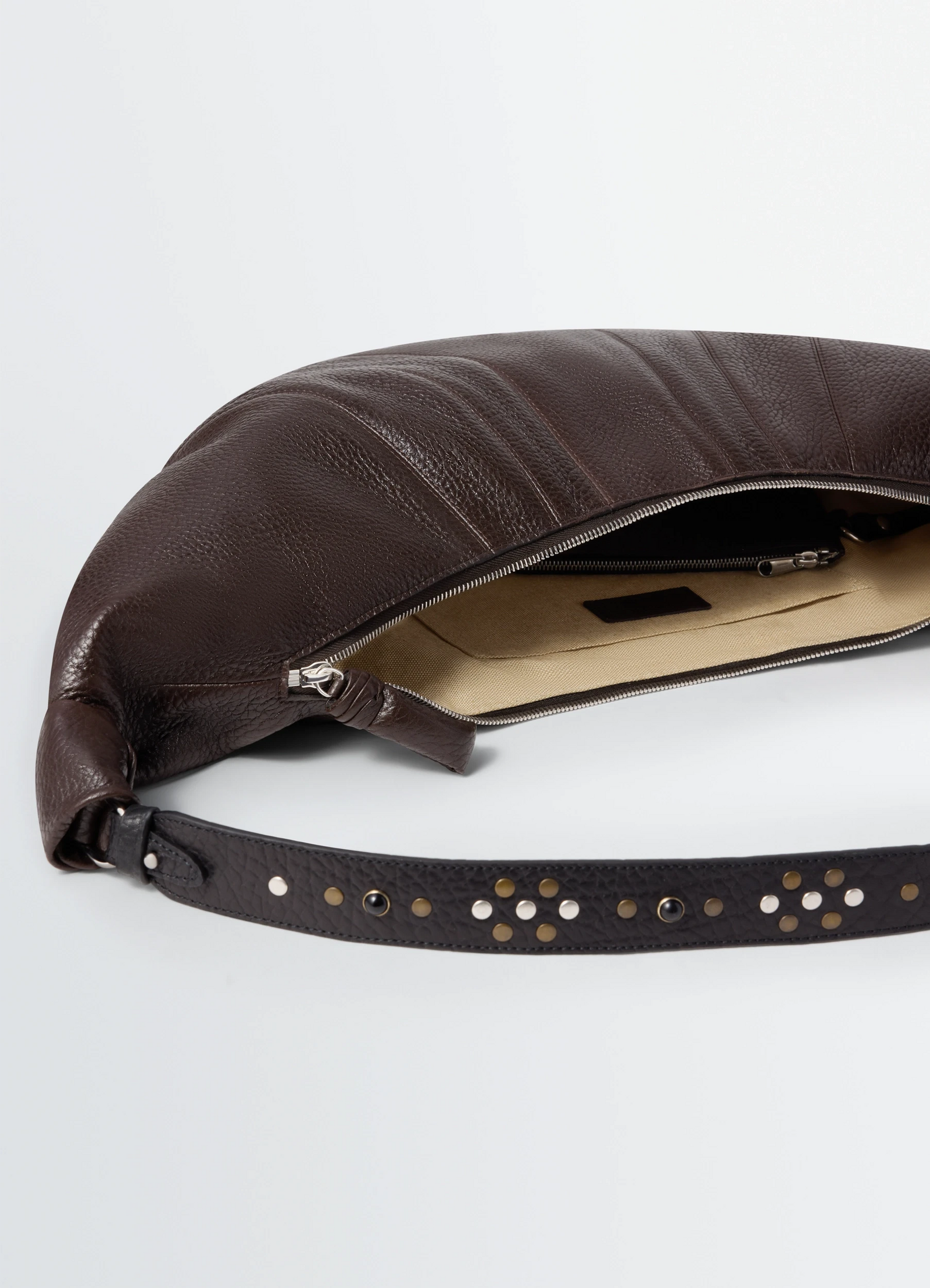 Western studs large croissant bag in leather, product shot, open top view textured leather, studded strap