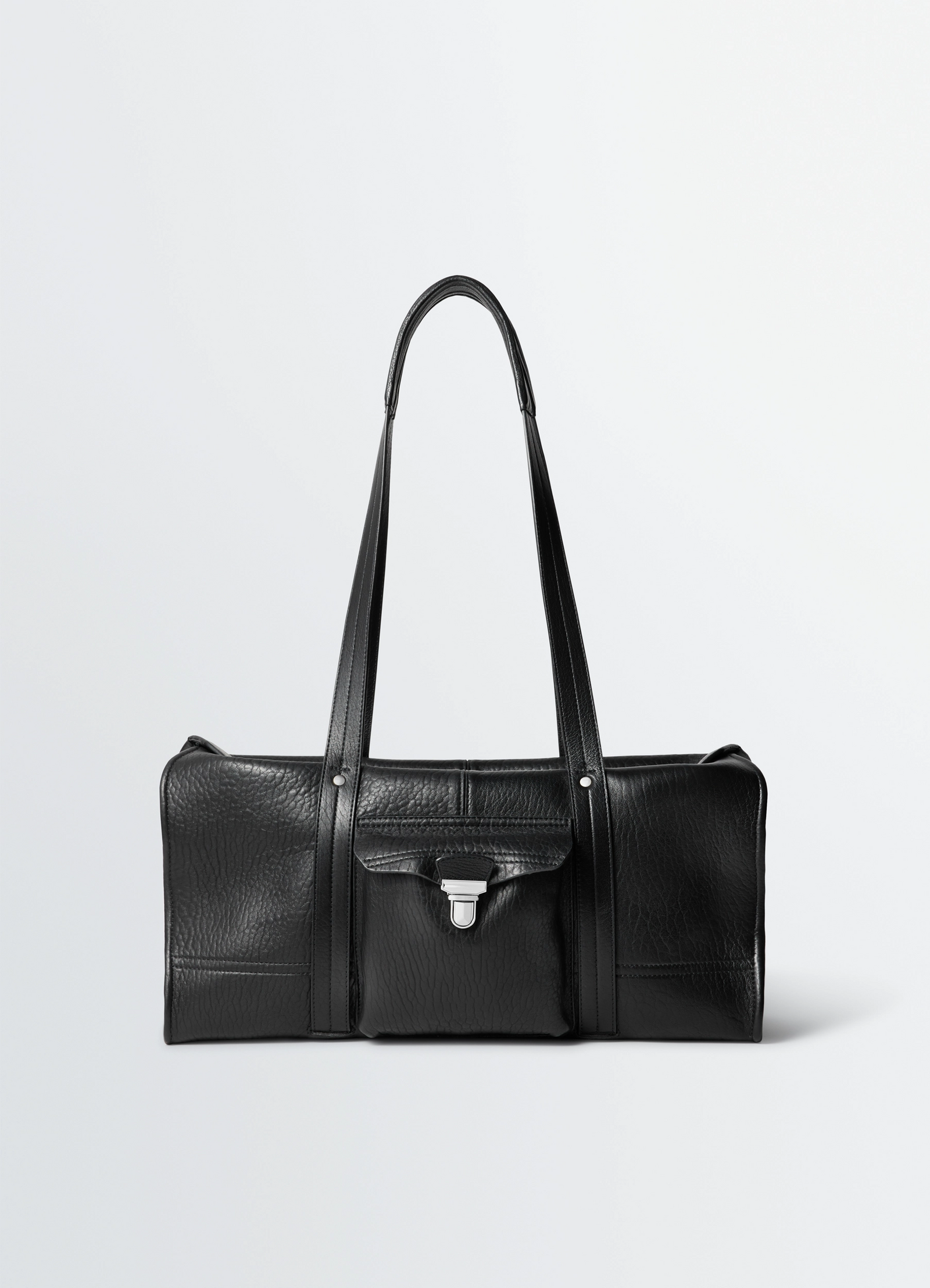 Lemaire soft gear tote bag in black bubble leather, product shot, front view wide handles, flap pocket