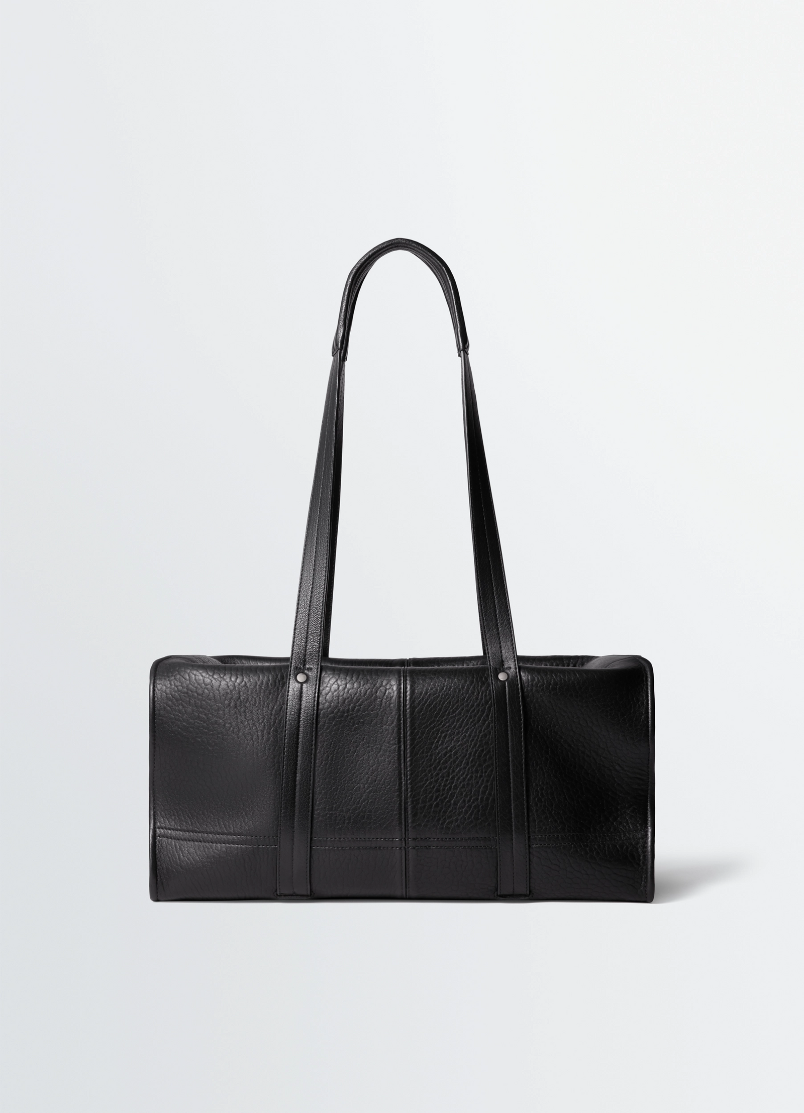 Lemaire soft gear tote bag in black bubble leather, product shot, back view rectangular shape, tall handles