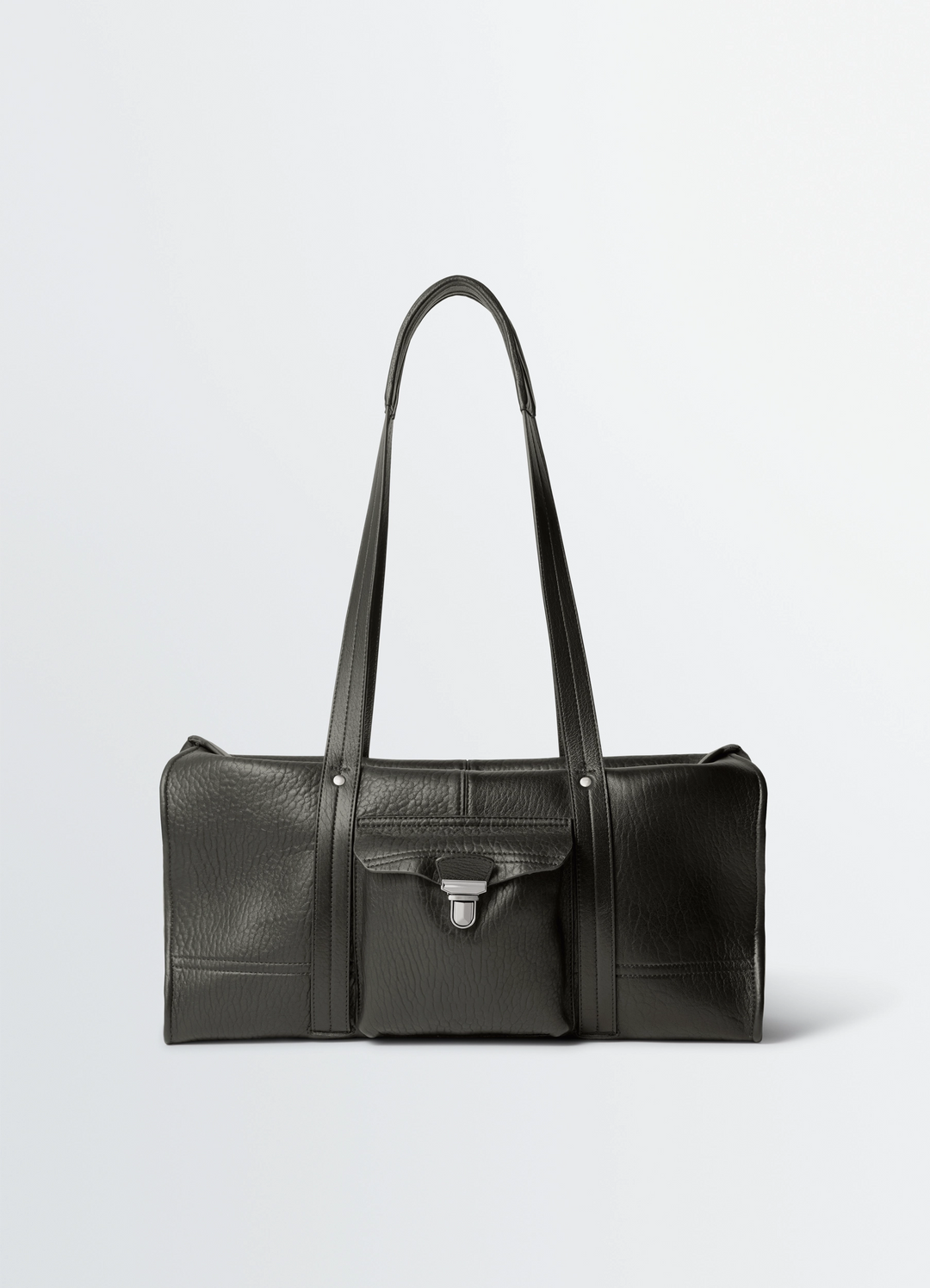 Soft Gear Tote Bag in Leather, product shot, Front view Wide handles, flap pocket