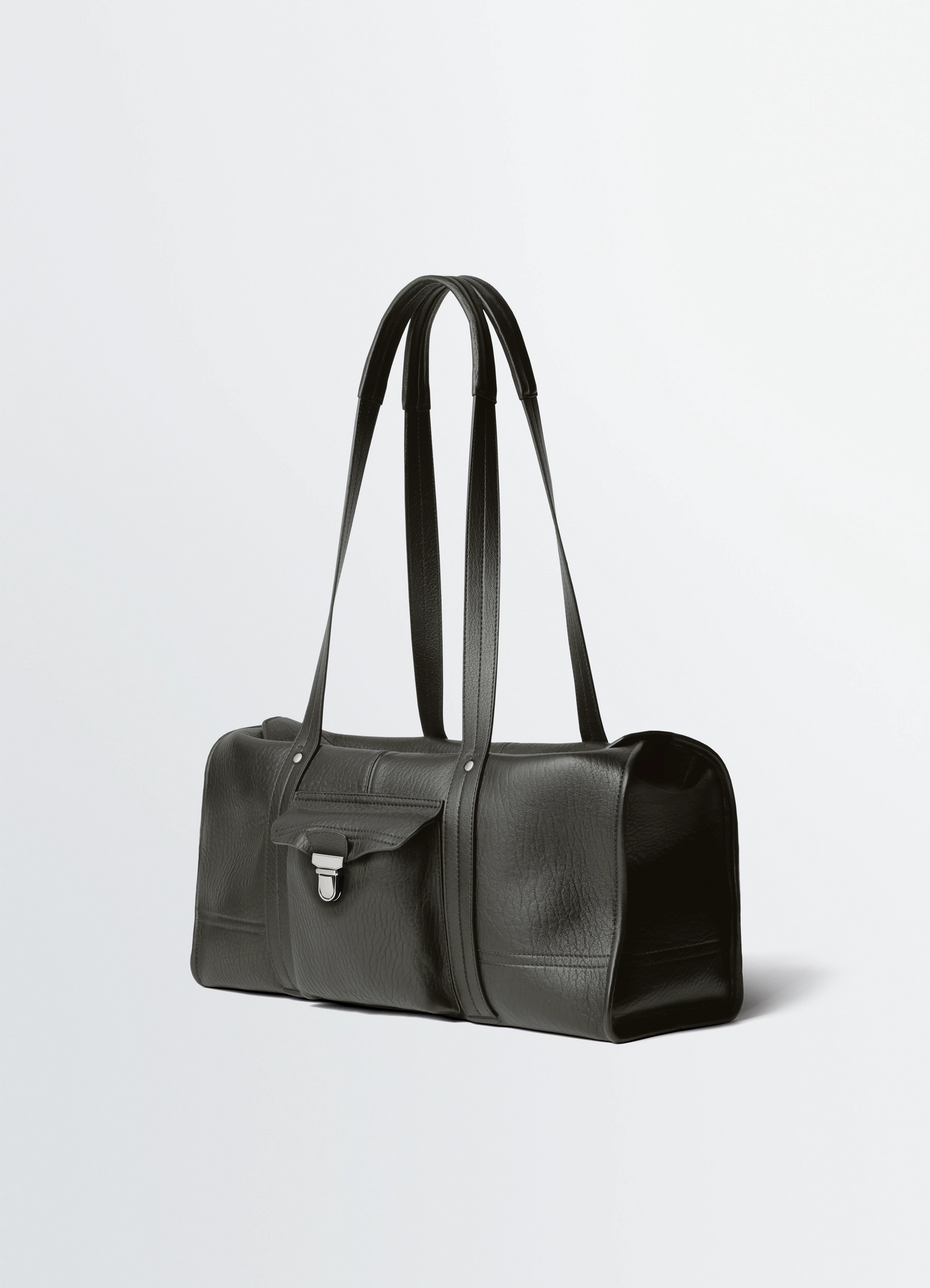 Soft gear tote bag in leather, product shot, three-quarter view long handles, clasp detail