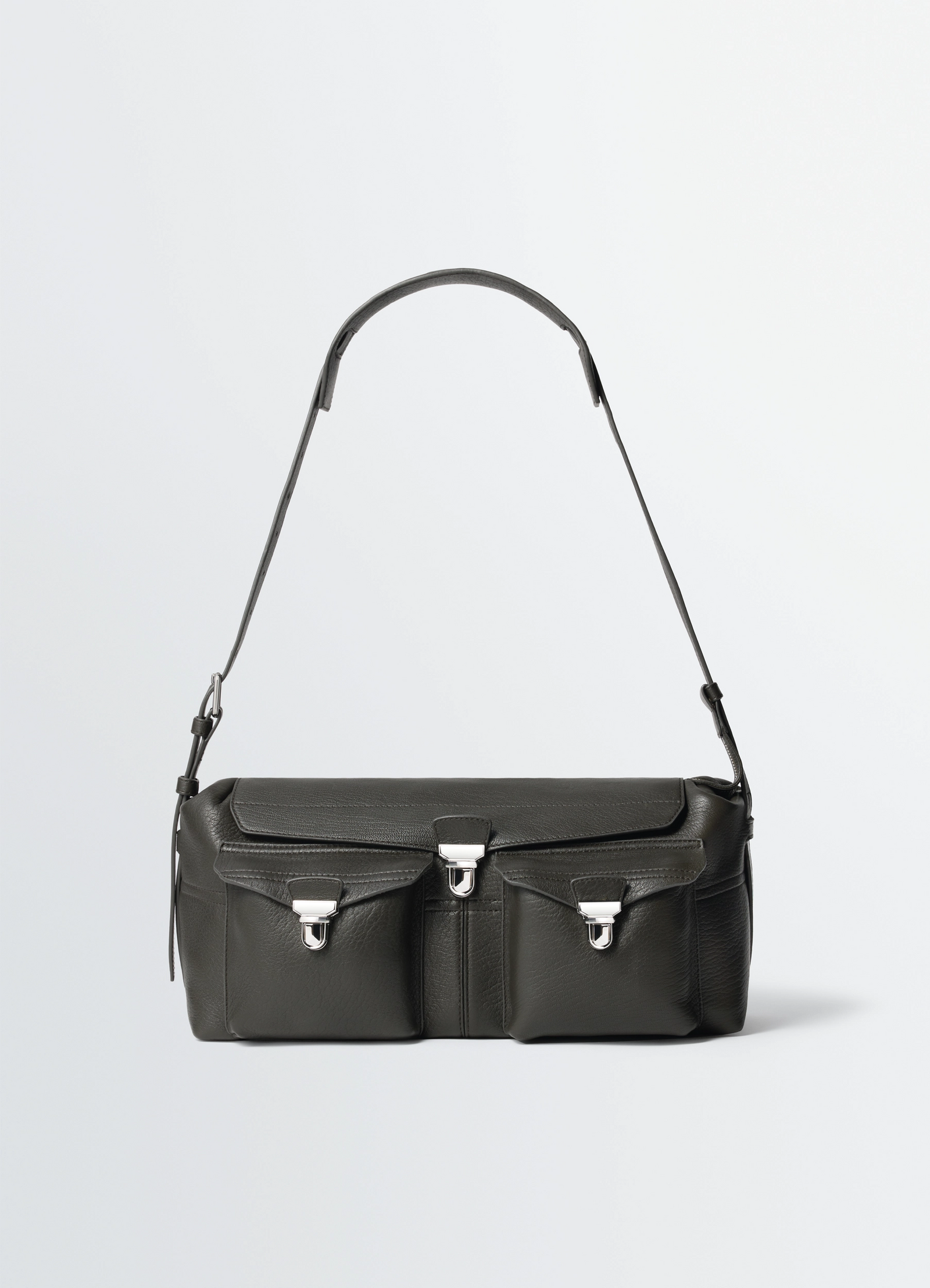Lemaire soft gear bag in bubble lamb leather, product shot, front view metal clip closure