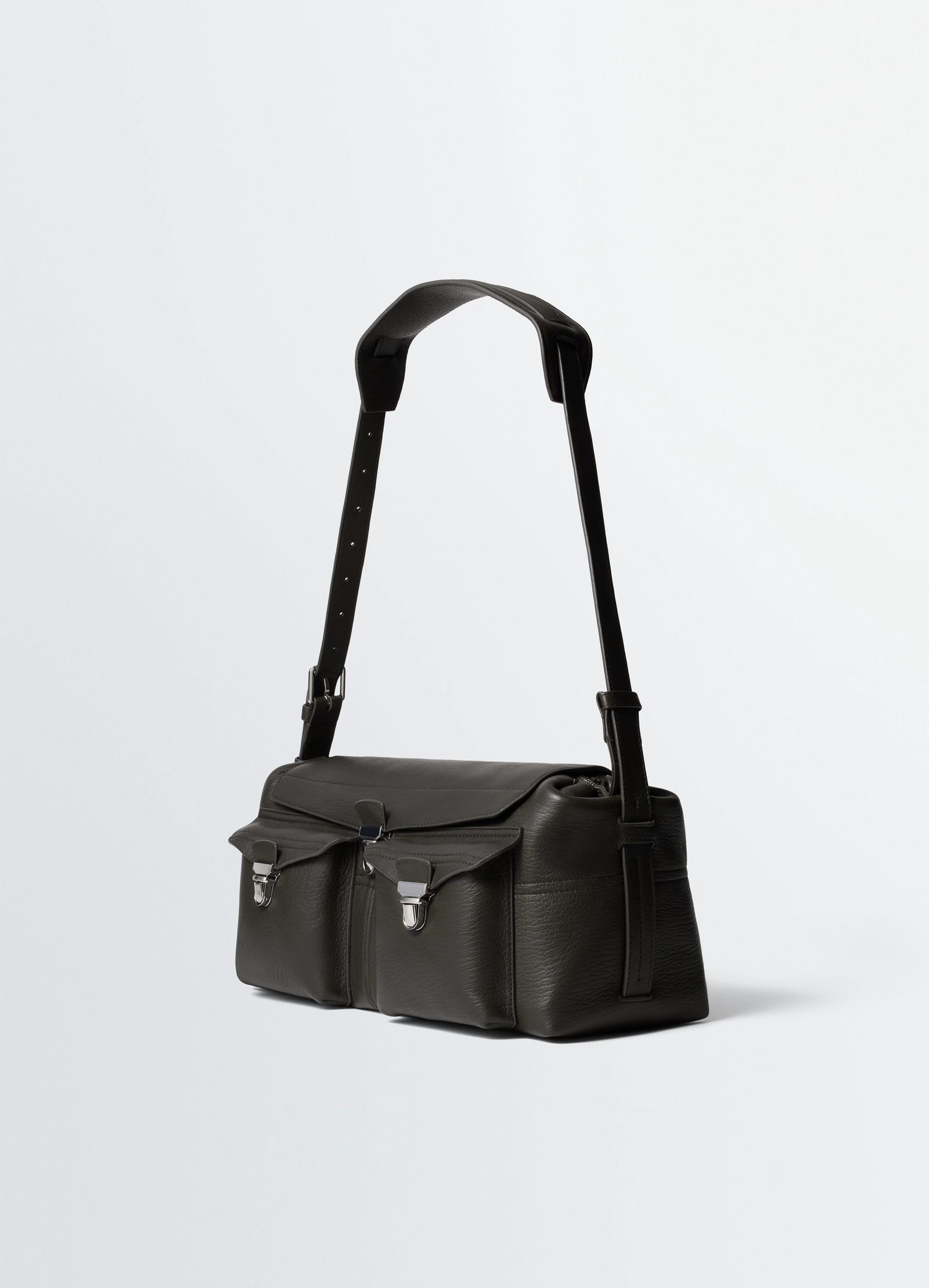 Lemaire soft gear bag in bubble lamb leather, product shot, three-quarter view adjustable strap detail